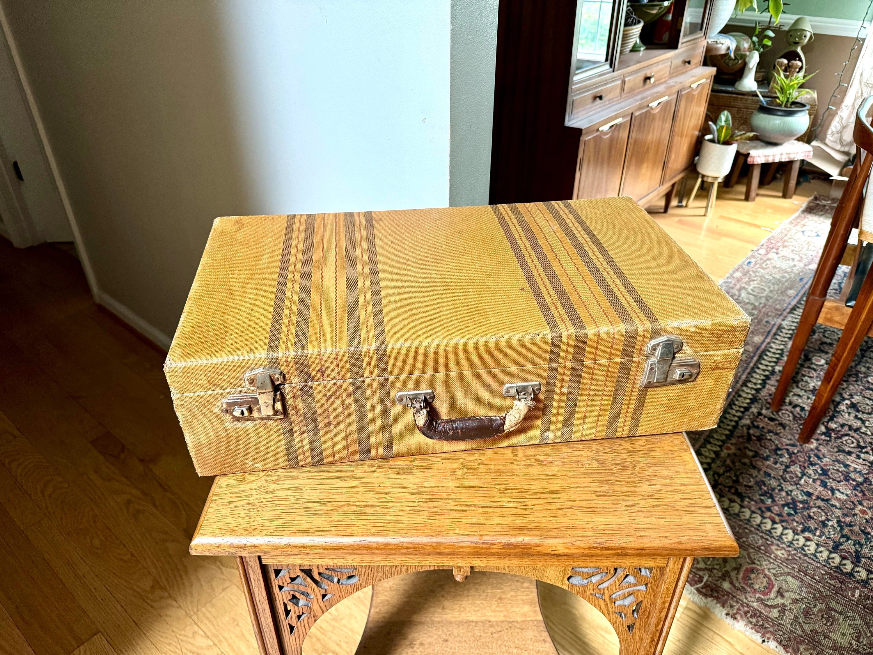 Vintage Wrapped Wood Distressed Hardshell Suitcase | Rustic Striped Hardshell Suitcase | MCM Suitcase | Display Suitcase | Antique Suitcase