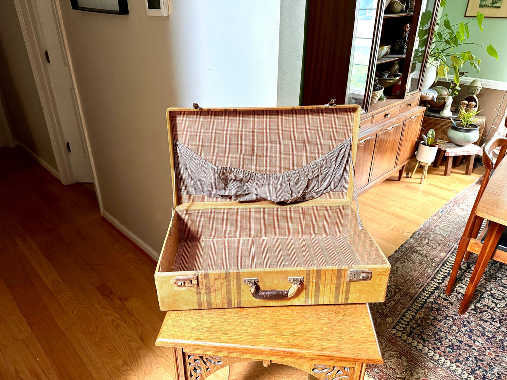 Vintage Wrapped Wood Distressed Hardshell Suitcase | Rustic Striped Hardshell Suitcase | MCM Suitcase | Display Suitcase | Antique Suitcase