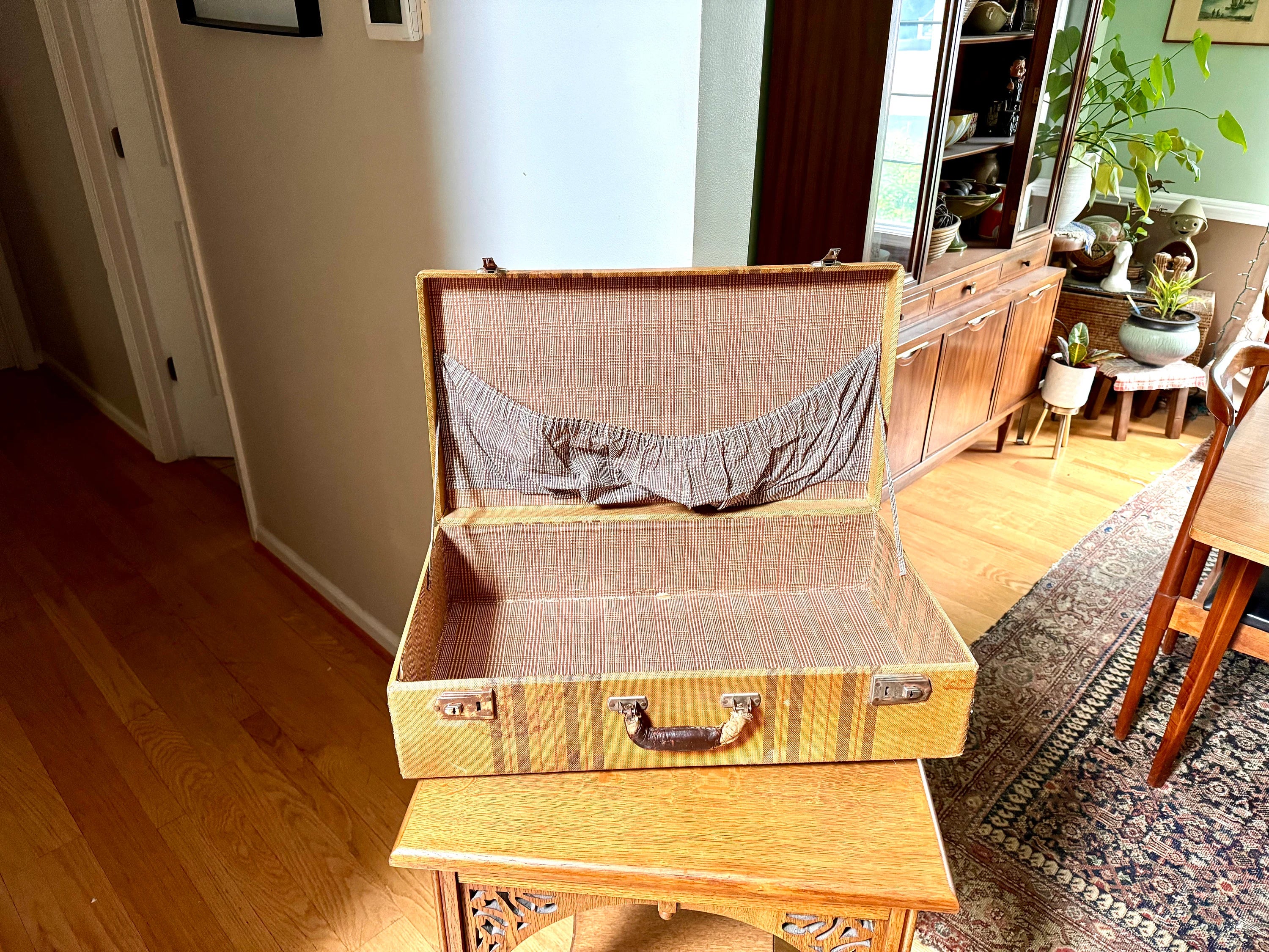 Vintage Wrapped Wood Distressed Hardshell Suitcase | Rustic Striped Hardshell Suitcase | MCM Suitcase | Display Suitcase | Antique Suitcase