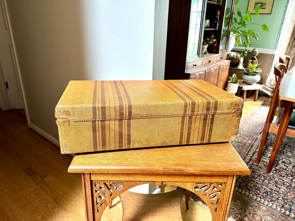Vintage Wrapped Wood Distressed Hardshell Suitcase | Rustic Striped Hardshell Suitcase | MCM Suitcase | Display Suitcase | Antique Suitcase