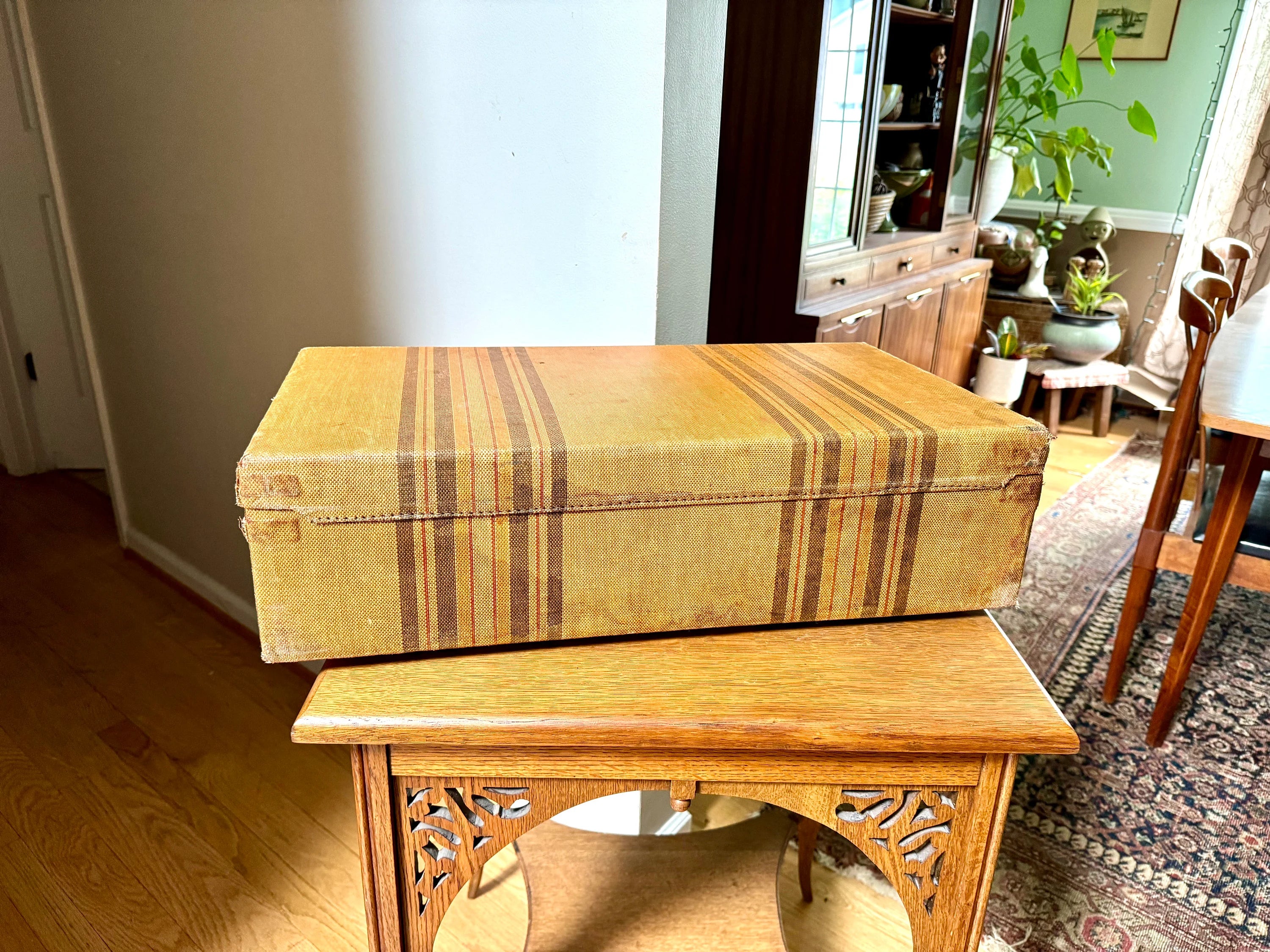 Vintage Wrapped Wood Distressed Hardshell Suitcase | Rustic Striped Hardshell Suitcase | MCM Suitcase | Display Suitcase | Antique Suitcase