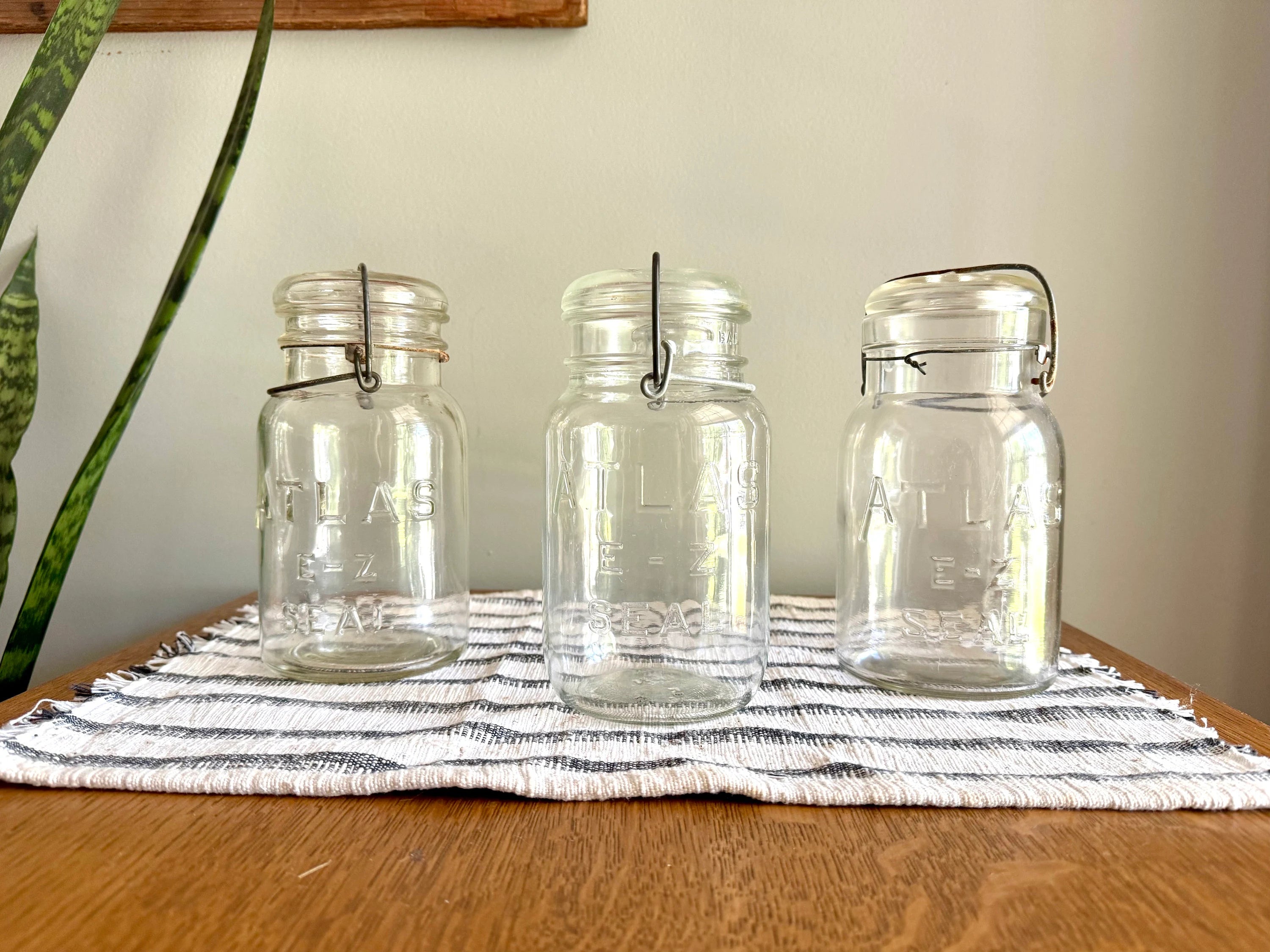 3 Antique Atlas E-Z Seal Mason Jars | 3 Clear Early Hazel Atlas Mason Jars with Lids | Glass Storage Jars | 3 Atlas Canning Jars