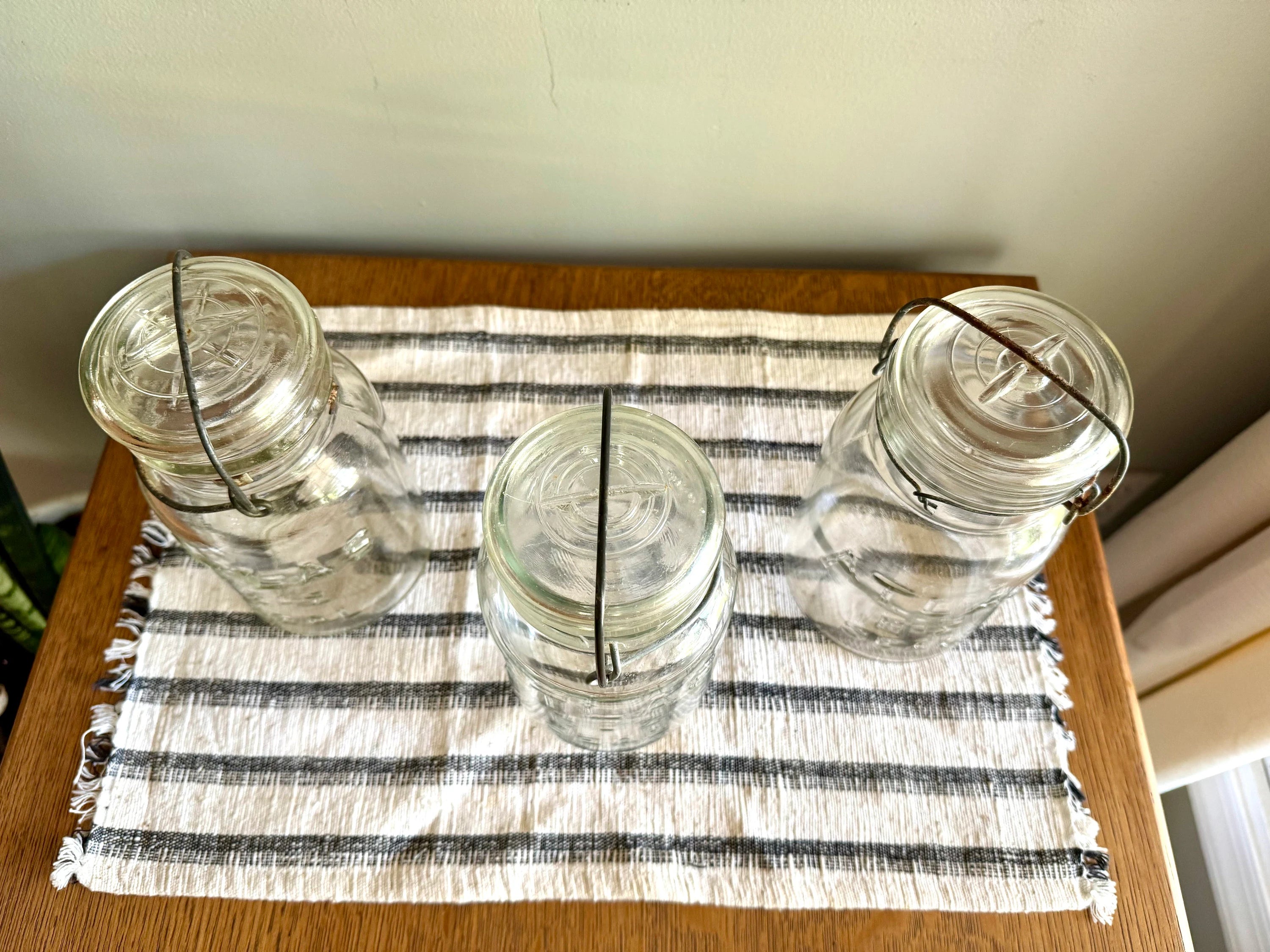 3 Antique Atlas E-Z Seal Mason Jars | 3 Clear Early Hazel Atlas Mason Jars with Lids | Glass Storage Jars | 3 Atlas Canning Jars