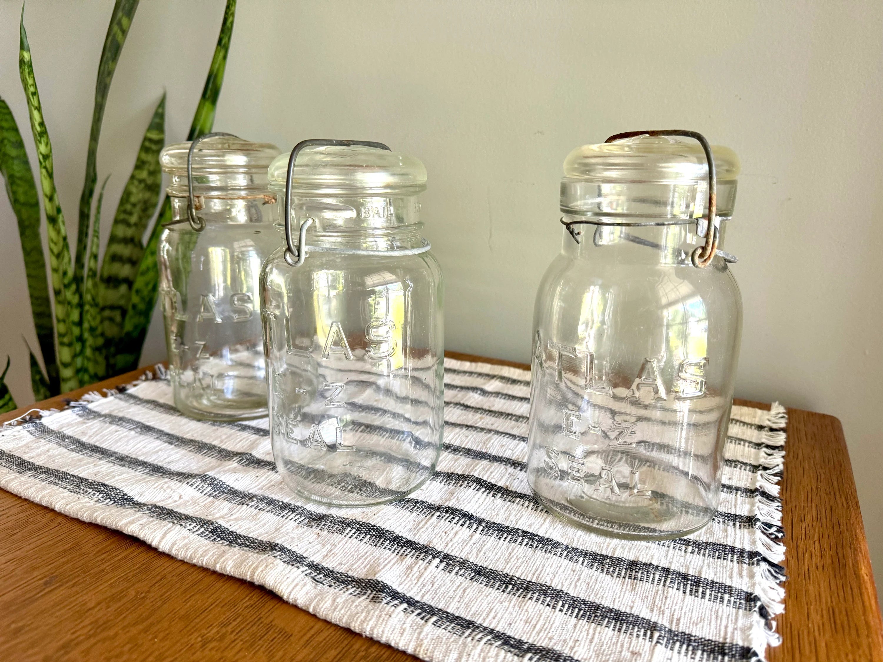 3 Antique Atlas E-Z Seal Mason Jars | 3 Clear Early Hazel Atlas Mason Jars with Lids | Glass Storage Jars | 3 Atlas Canning Jars