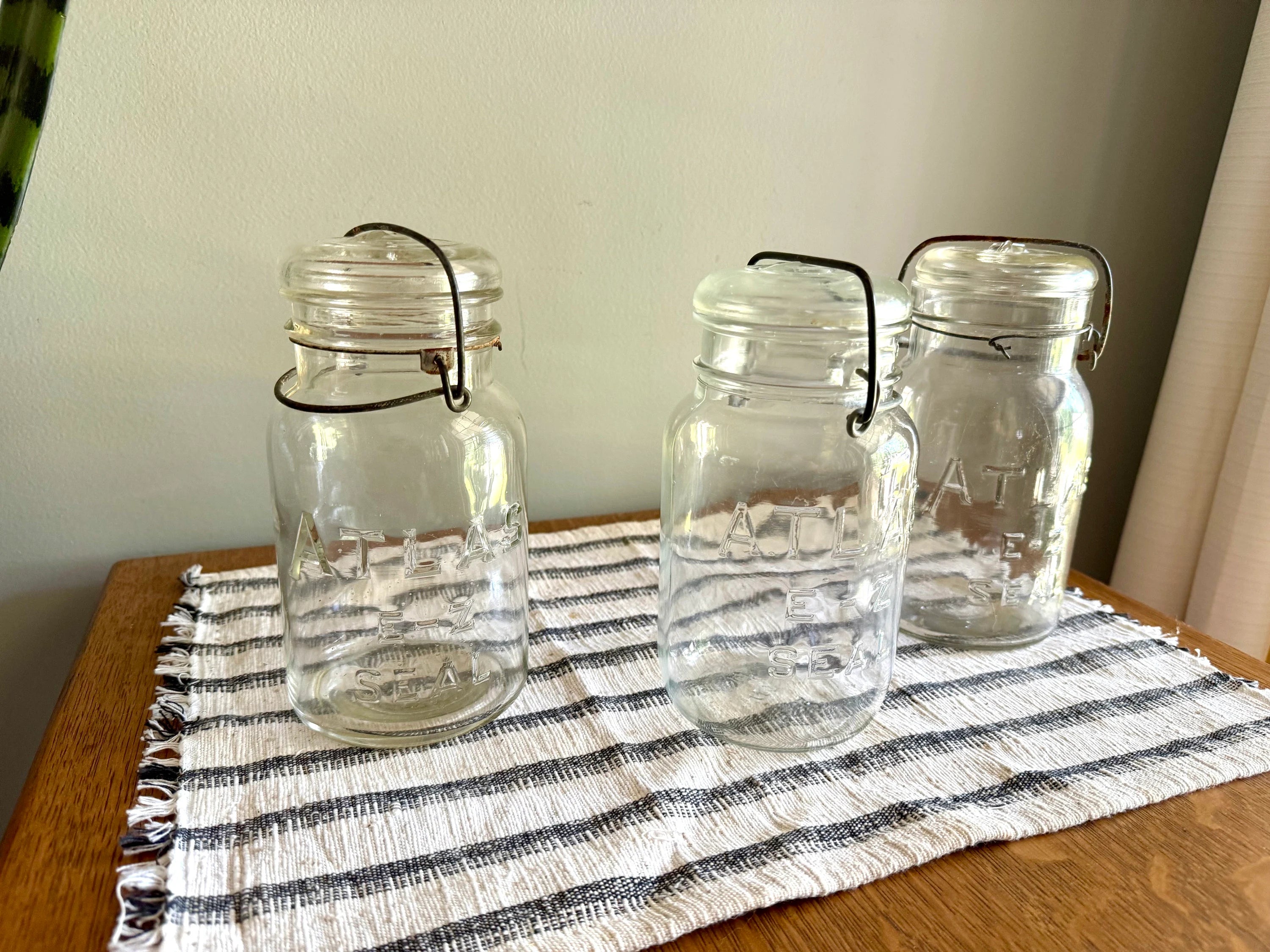 3 Antique Atlas E-Z Seal Mason Jars | 3 Clear Early Hazel Atlas Mason Jars with Lids | Glass Storage Jars | 3 Atlas Canning Jars