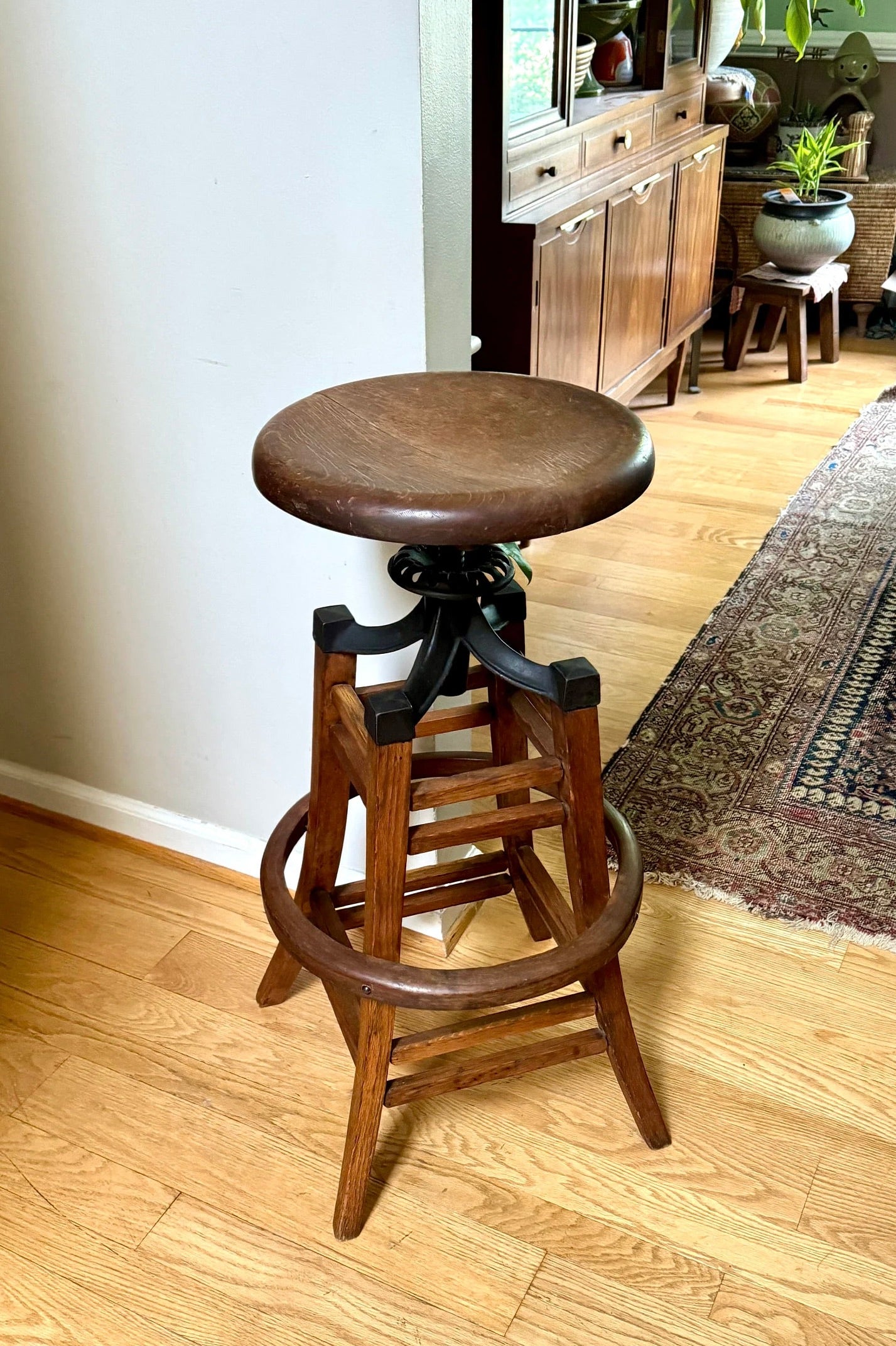 Antique Wood and Cast Iron Adjustable Stool | The Marble & Shattuck Chair Company Stool | Wooden Drafting Stool | Adjustable Draftsman Stool