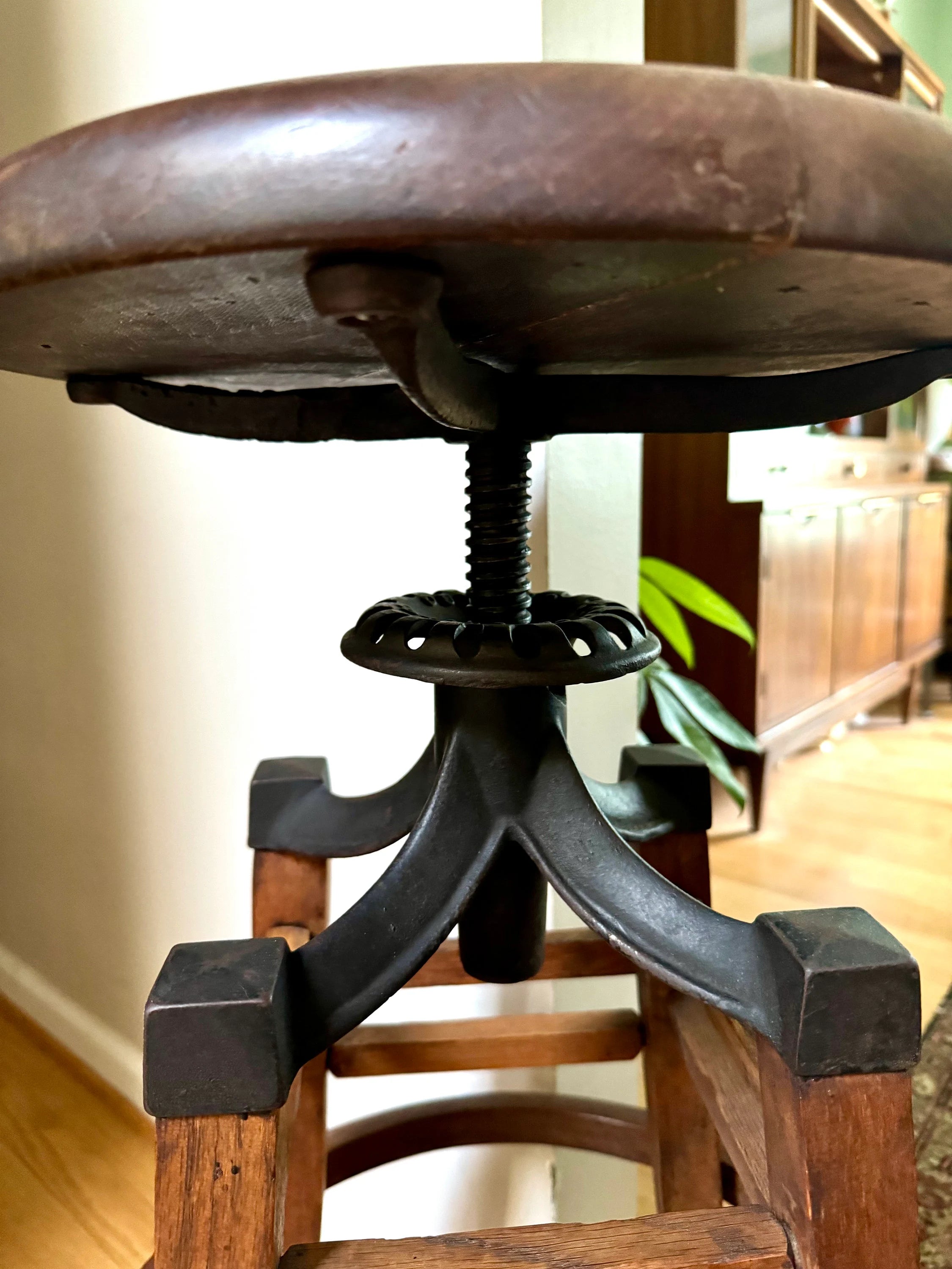 Antique Wood and Cast Iron Adjustable Stool | The Marble & Shattuck Chair Company Stool | Wooden Drafting Stool | Adjustable Draftsman Stool