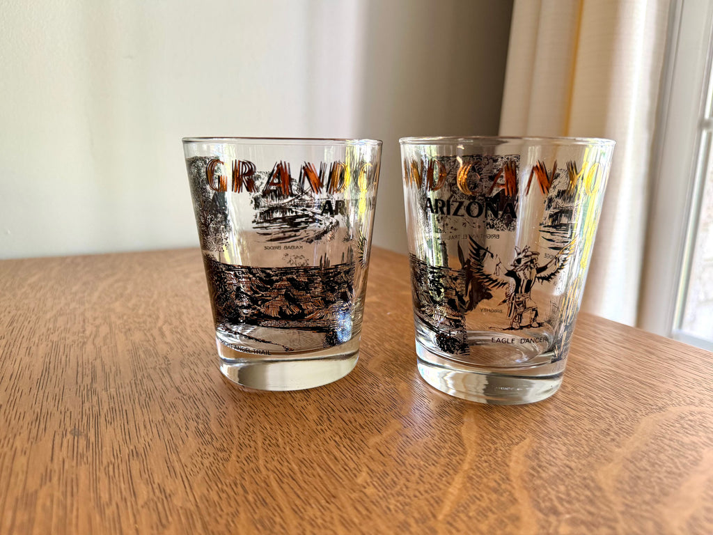 Vtg Set of 2 Arizona Grand Canyon Lowball Glasses | Grand Canyon Rocks Glasses | Black and Gold Grand Canyon Whiskey Glasses
