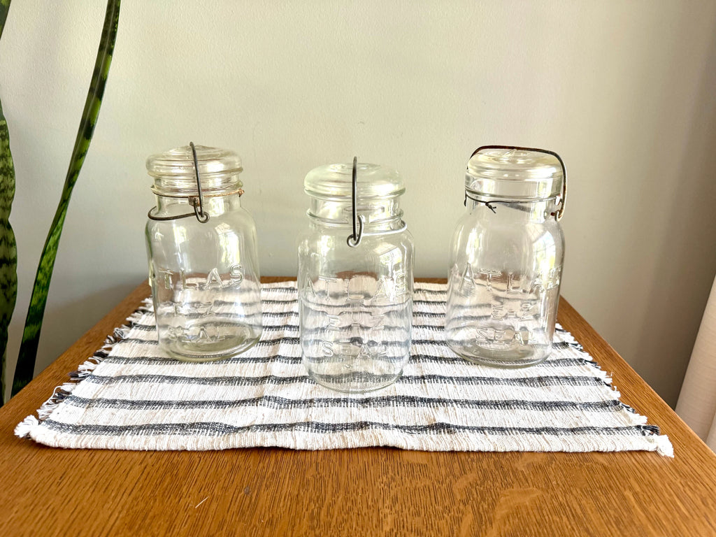 3 Antique Atlas E-Z Seal Mason Jars | 3 Clear Early Hazel Atlas Mason Jars with Lids | Glass Storage Jars | 3 Atlas Canning Jars