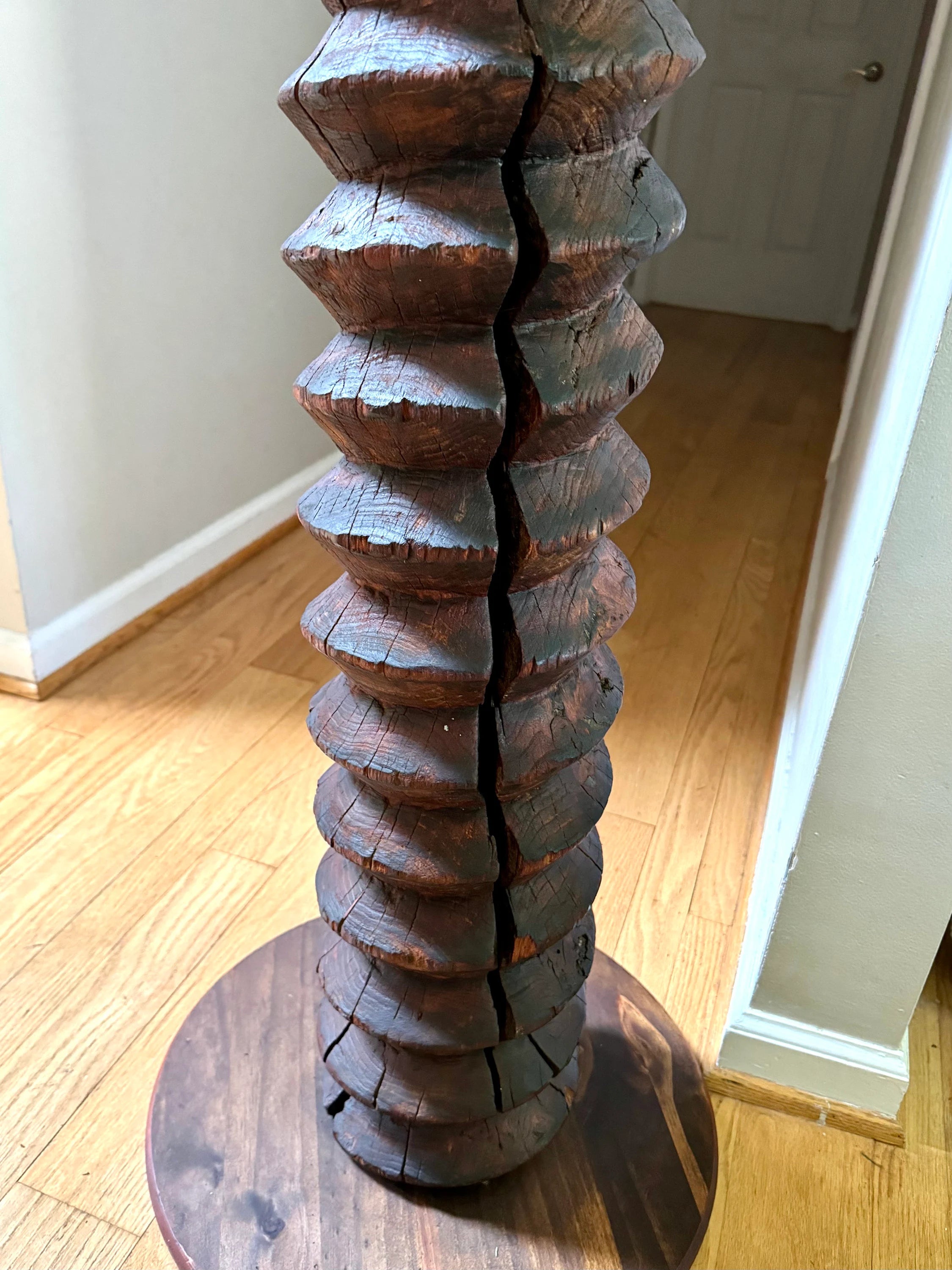 Antique Wood Wine Press Screw Pedestal | Rustic Wood Screw Pedestal Stand | Tall Wine Screw Press Table | Wood Spiral Screw Pedestal