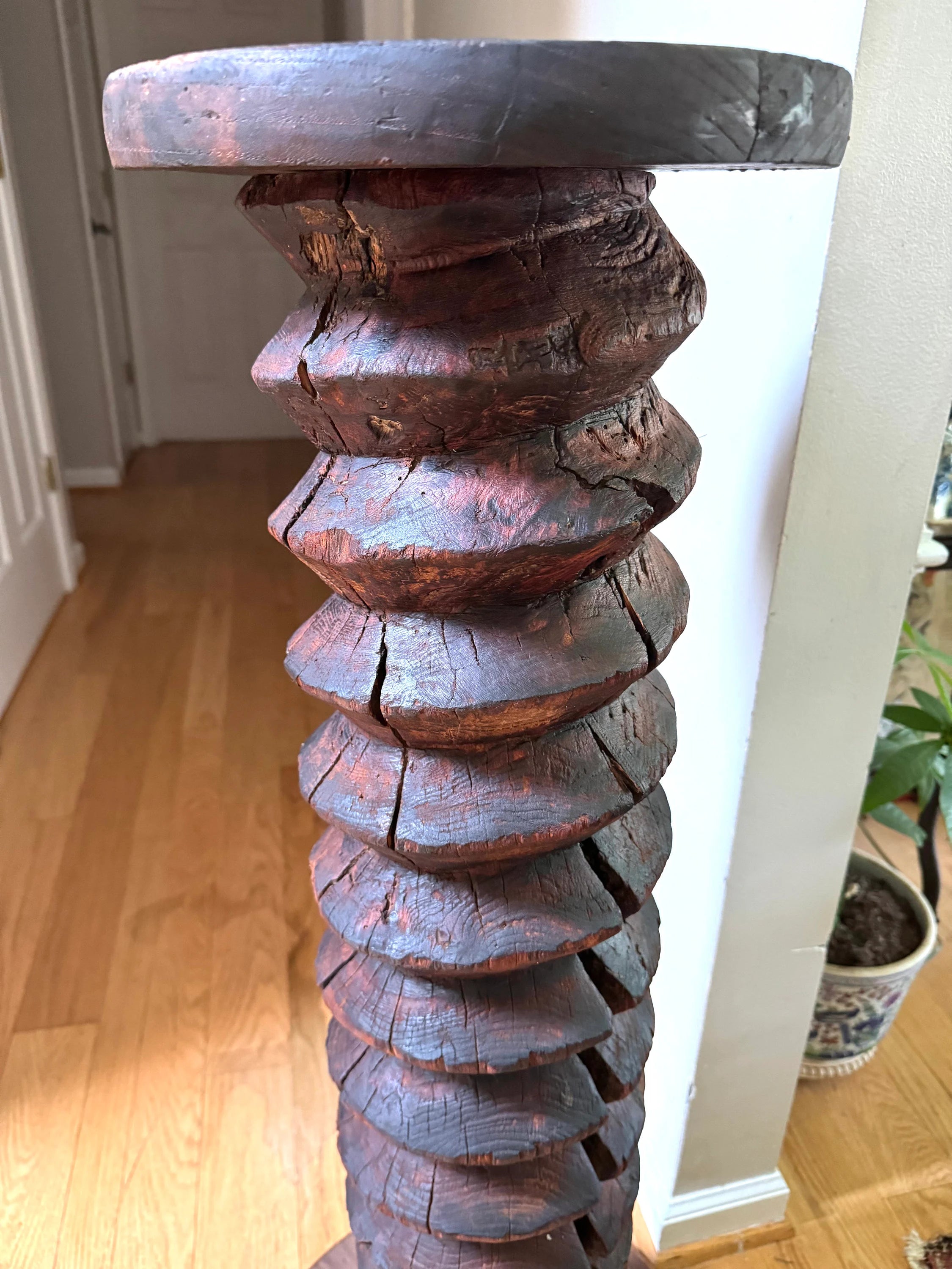 Antique Wood Wine Press Screw Pedestal | Rustic Wood Screw Pedestal Stand | Tall Wine Screw Press Table | Wood Spiral Screw Pedestal