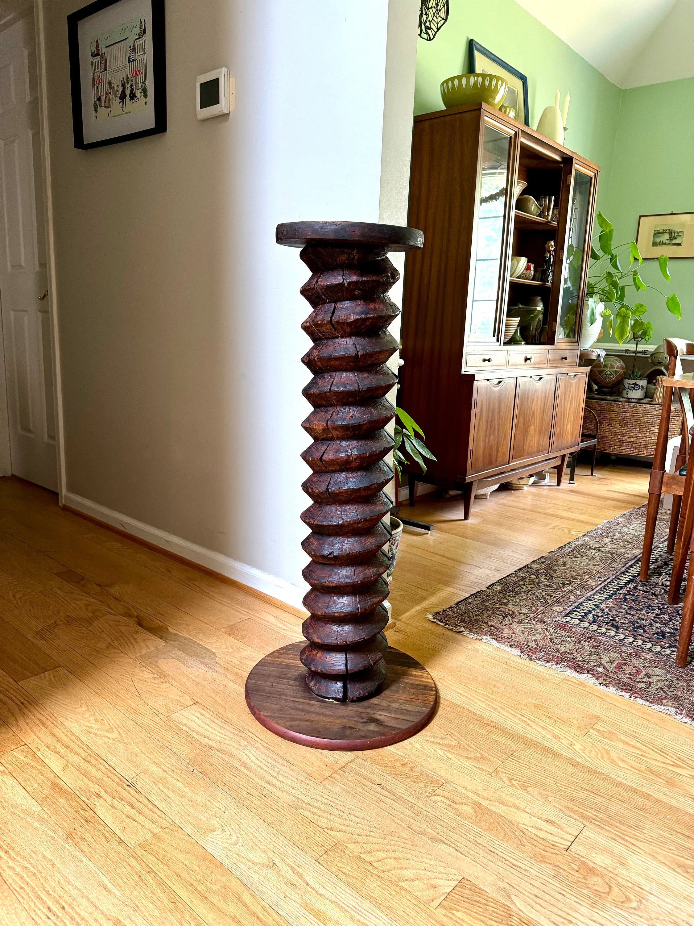 Antique Wood Wine Press Screw Pedestal | Rustic Wood Screw Pedestal Stand | Tall Wine Screw Press Table | Wood Spiral Screw Pedestal