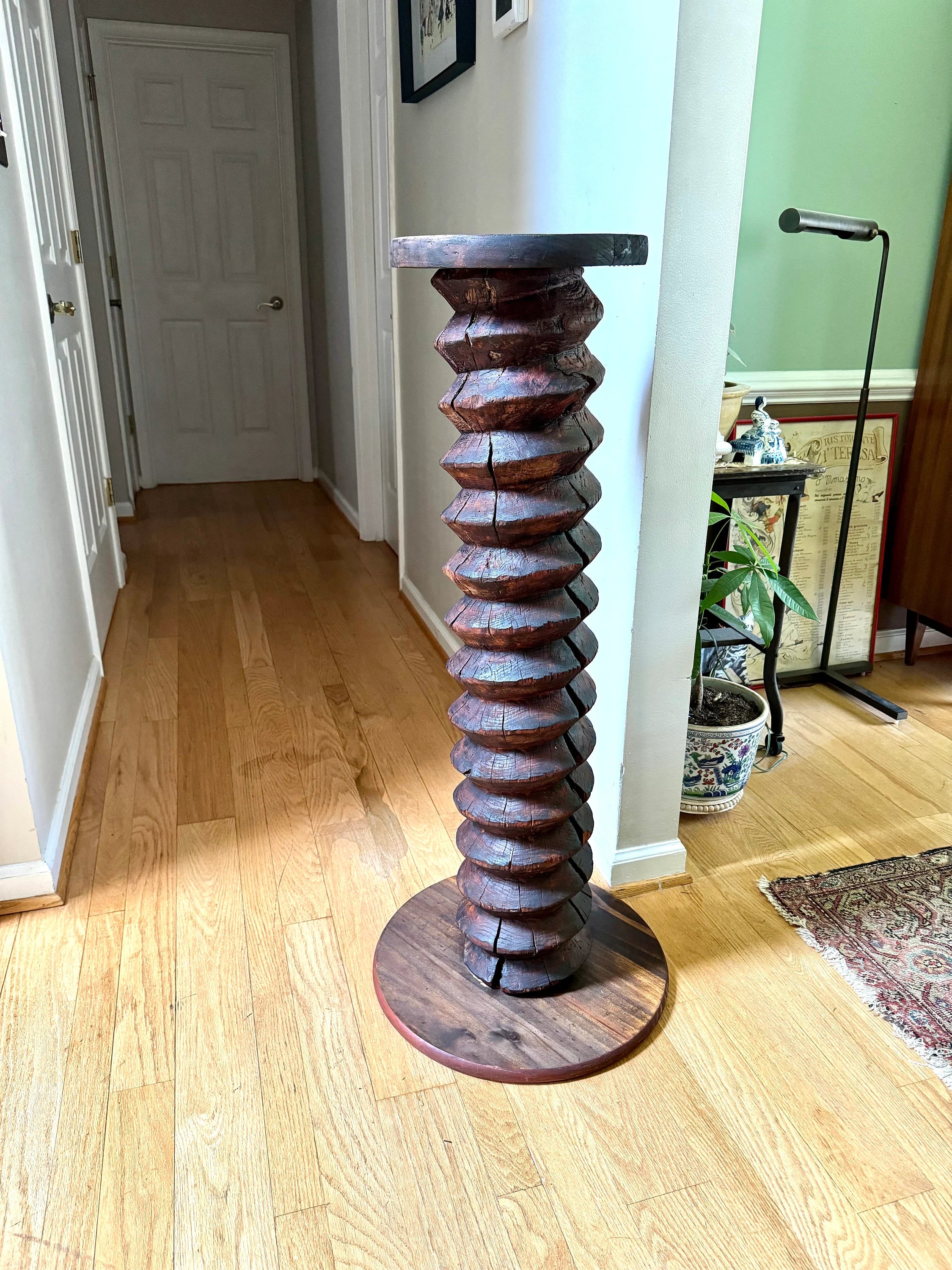 Antique Wood Wine Press Screw Pedestal | Rustic Wood Screw Pedestal Stand | Tall Wine Screw Press Table | Wood Spiral Screw Pedestal