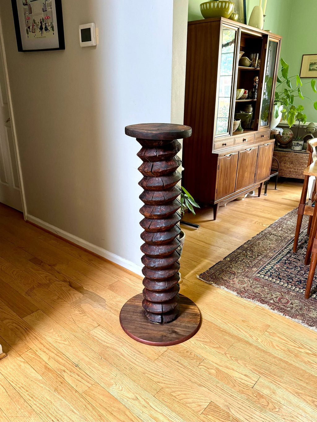 Antique Wood Wine Press Screw Pedestal | Rustic Wood Screw Pedestal Stand | Tall Wine Screw Press Table | Wood Spiral Screw Pedestal
