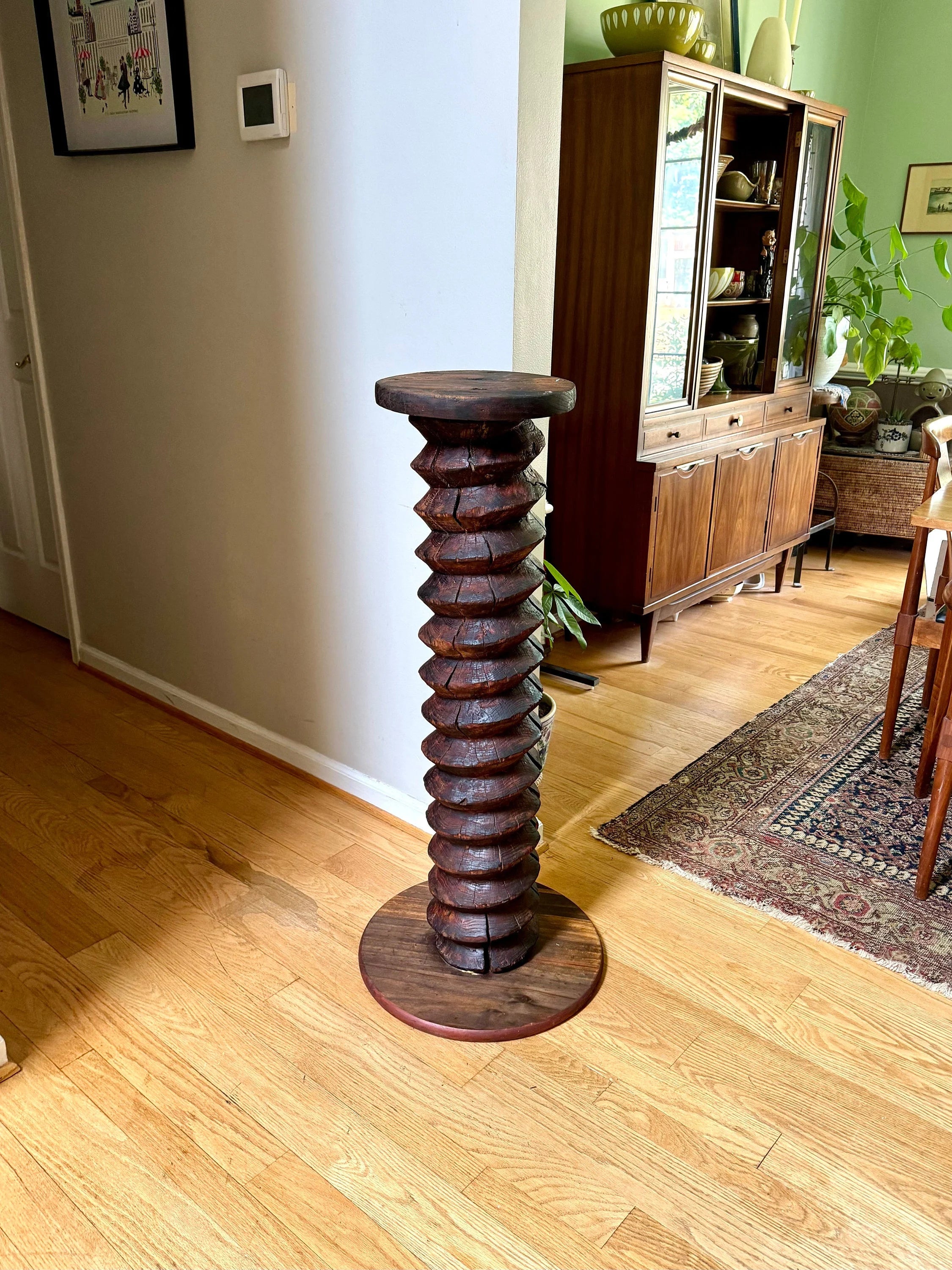 Antique Wood Wine Press Screw Pedestal | Rustic Wood Screw Pedestal Stand | Tall Wine Screw Press Table | Wood Spiral Screw Pedestal