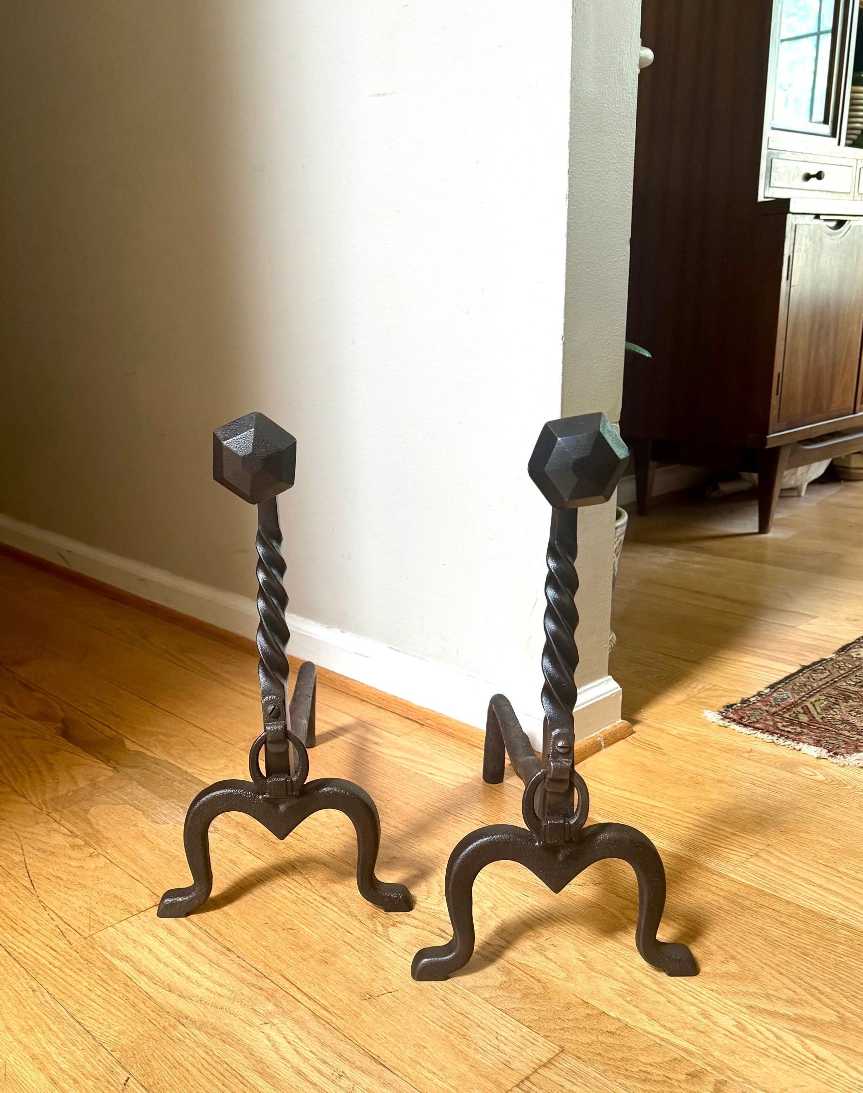 Antique Iron Andirons | Rustic Pillar Cast Iron Andirons | Pair Of Rustic Andirons | Cast iron Firedogs | Rustic Art Deco Andirons