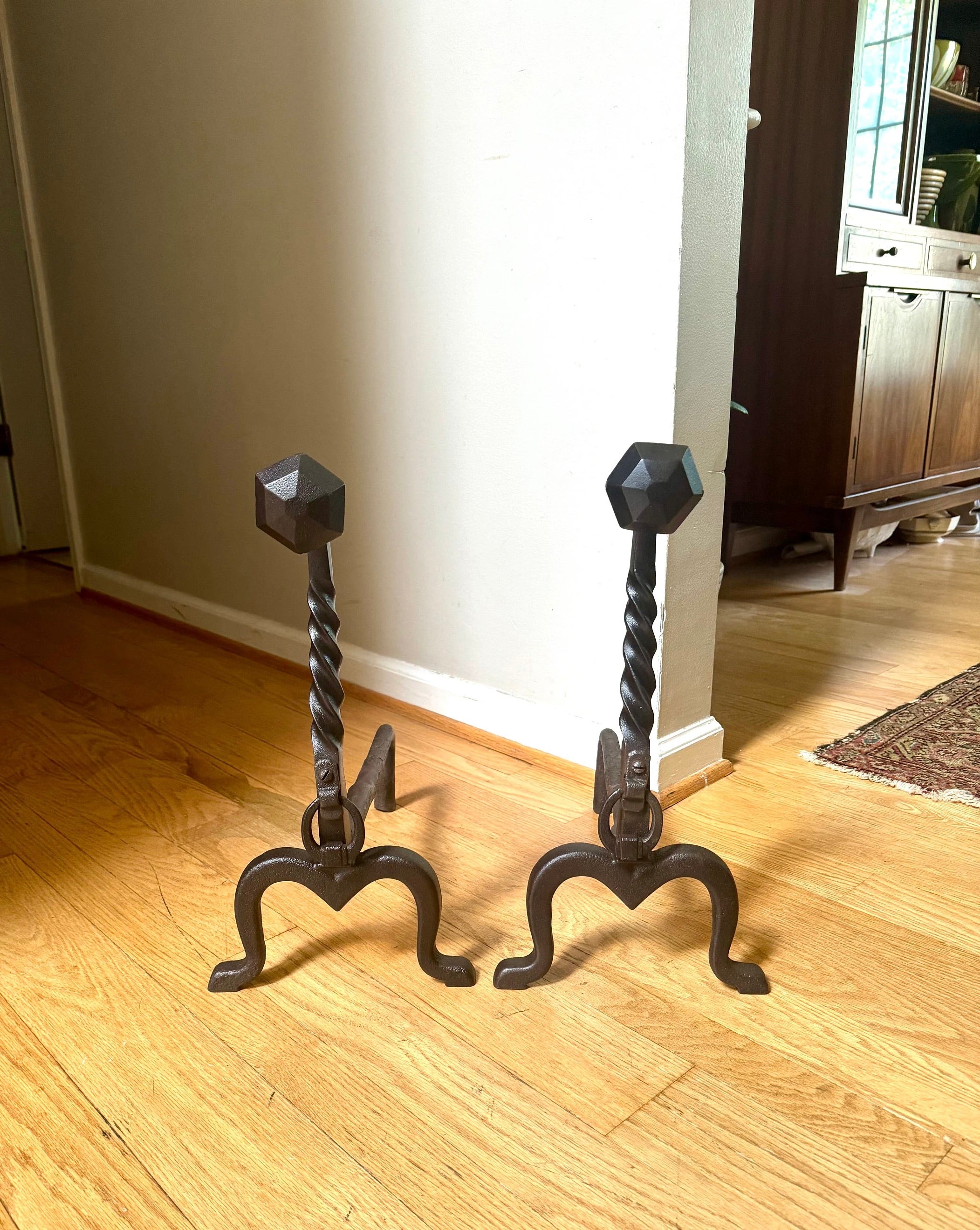 Antique Iron Andirons | Rustic Pillar Cast Iron Andirons | Pair Of Rustic Andirons | Cast iron Firedogs | Rustic Art Deco Andirons