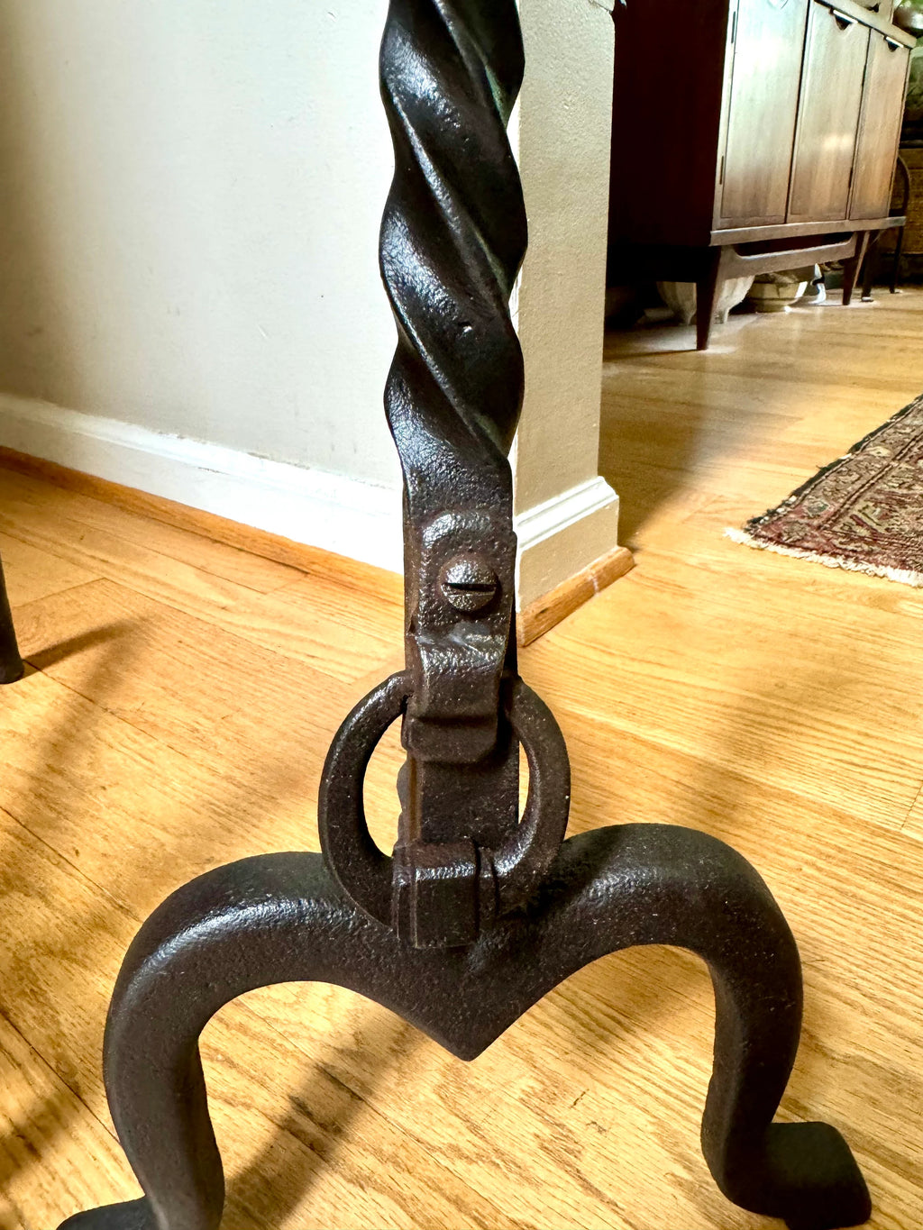 Antique Iron Andirons | Rustic Pillar Cast Iron Andirons | Pair Of Rustic Andirons | Cast iron Firedogs | Rustic Art Deco Andirons