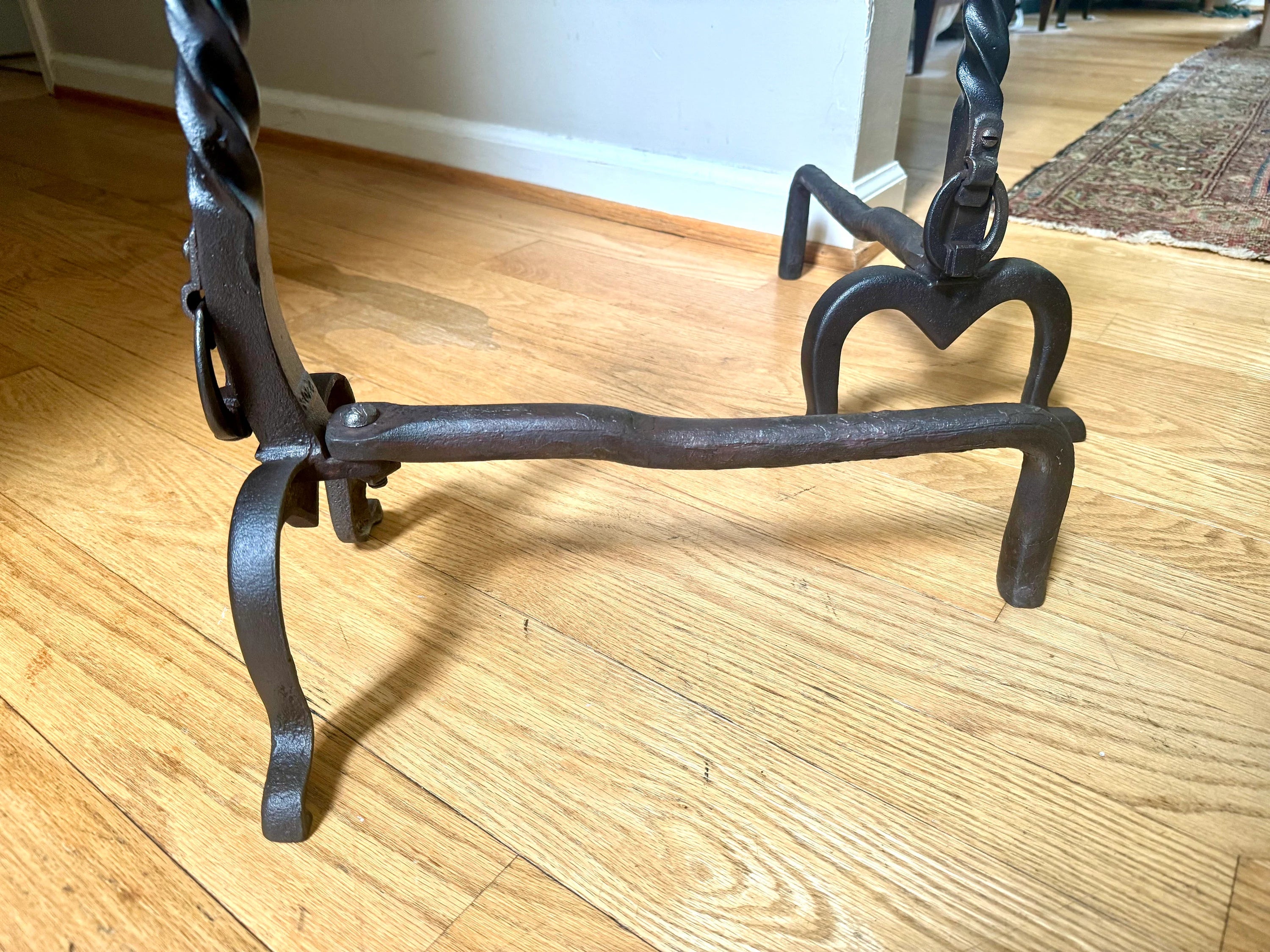 Antique Iron Andirons | Rustic Pillar Cast Iron Andirons | Pair Of Rustic Andirons | Cast iron Firedogs | Rustic Art Deco Andirons