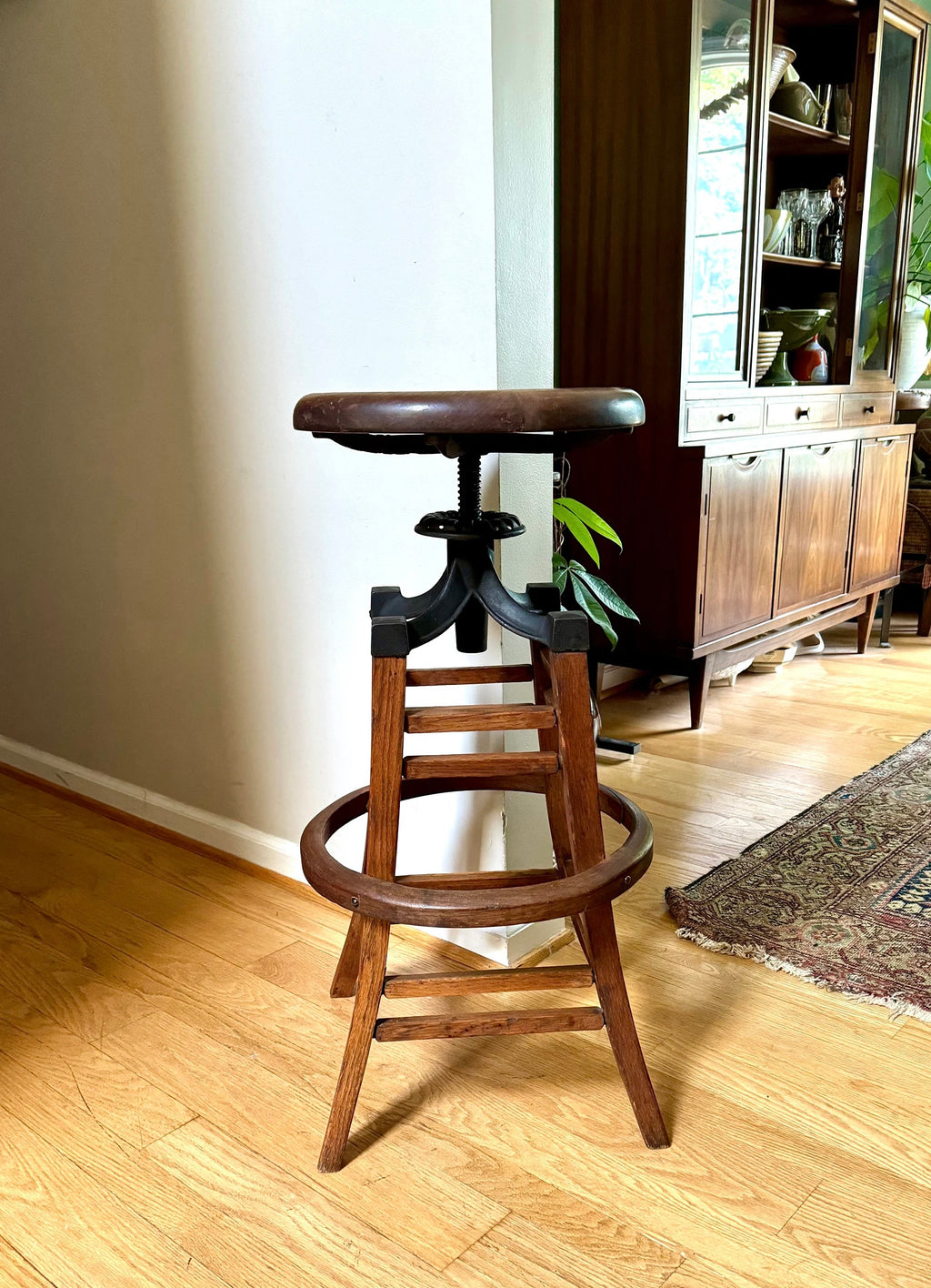 Antique Wood and Cast Iron Adjustable Stool | The Marble & Shattuck Chair Company Stool | Wooden Drafting Stool | Adjustable Draftsman Stool