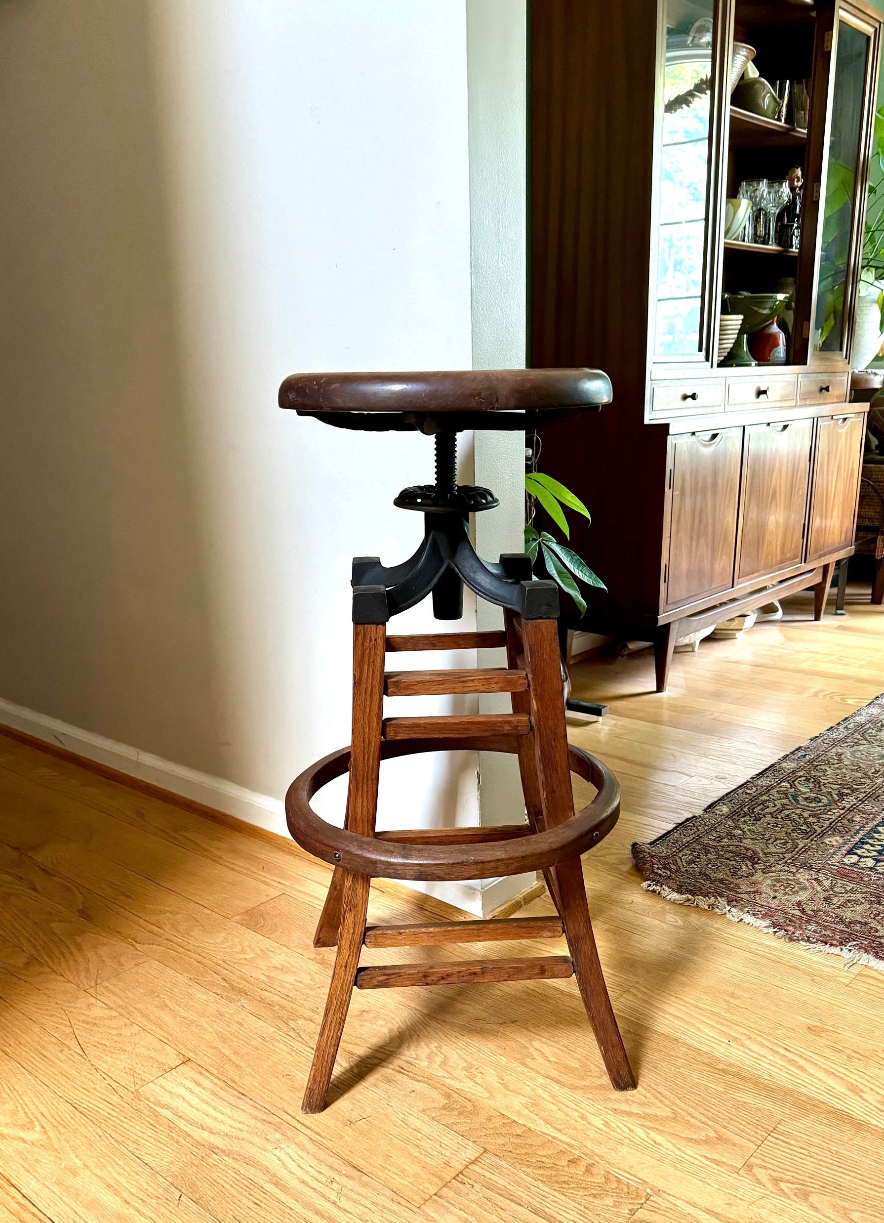 Antique Wood and Cast Iron Adjustable Stool | The Marble & Shattuck Chair Company Stool | Wooden Drafting Stool | Adjustable Draftsman Stool