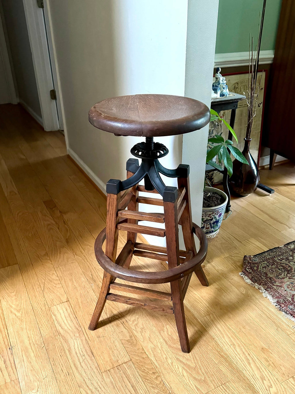 Antique Wood and Cast Iron Adjustable Stool | The Marble & Shattuck Chair Company Stool | Wooden Drafting Stool | Adjustable Draftsman Stool