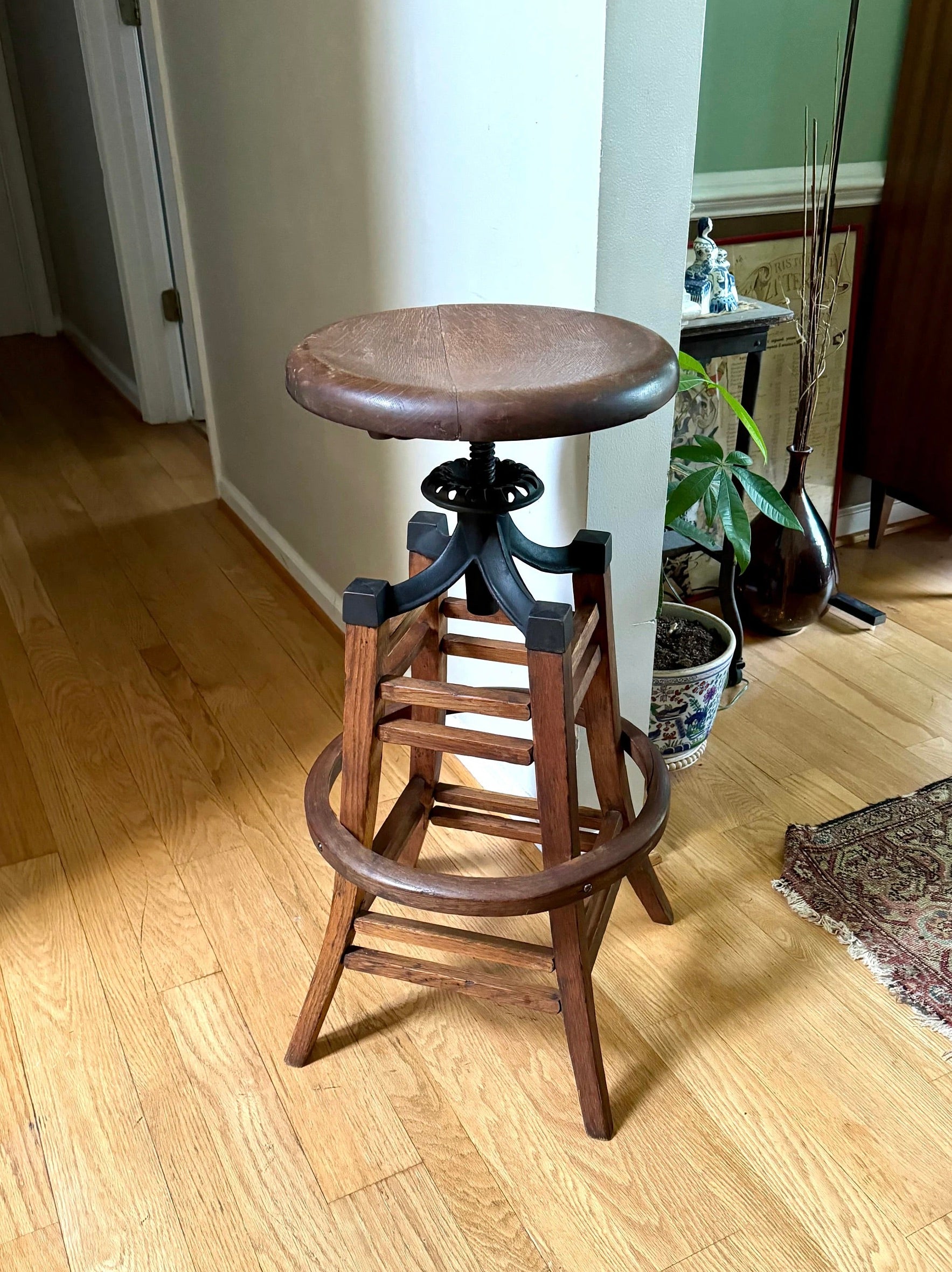 Antique Wood and Cast Iron Adjustable Stool | The Marble & Shattuck Chair Company Stool | Wooden Drafting Stool | Adjustable Draftsman Stool