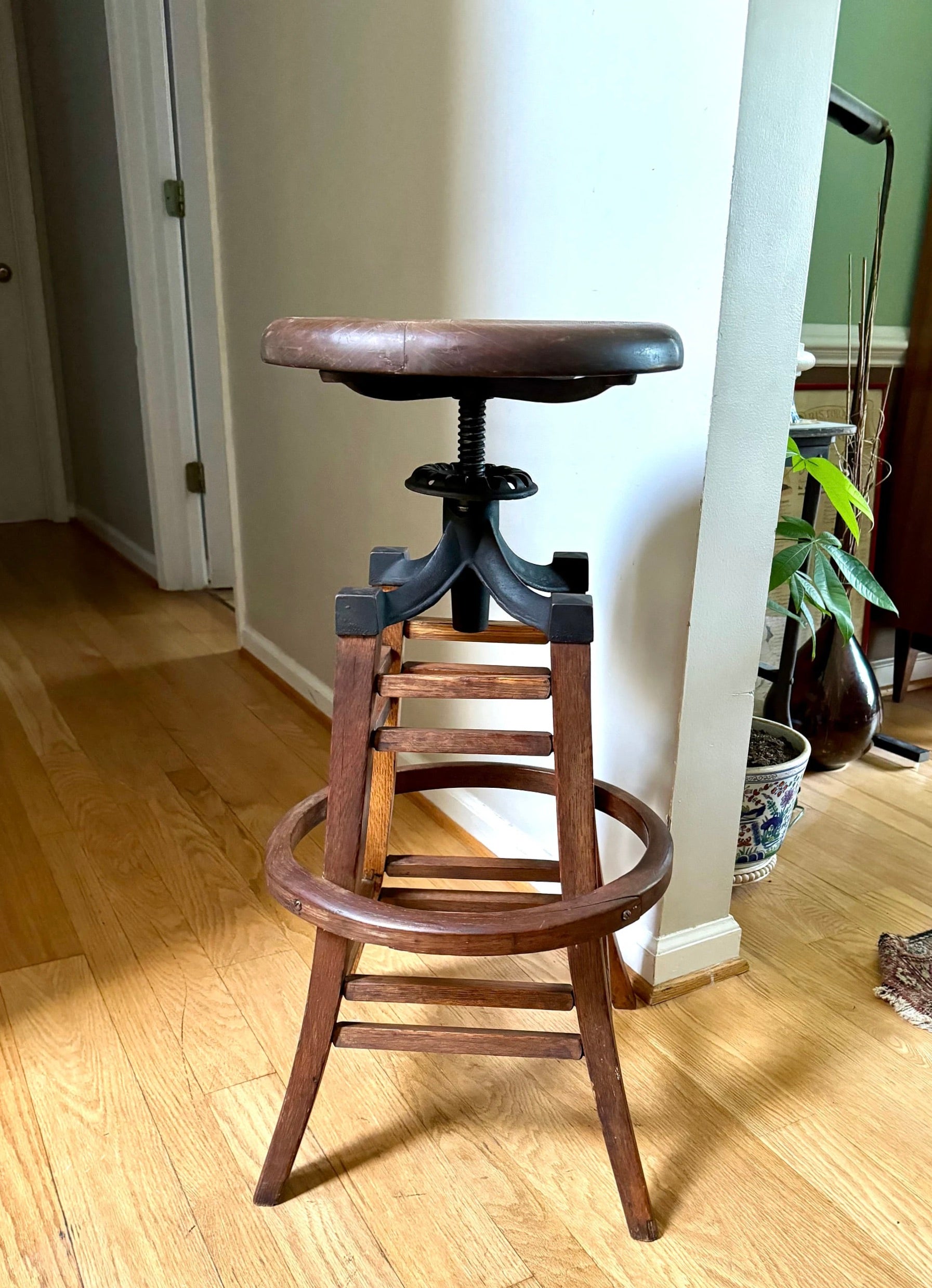 Antique Wood and Cast Iron Adjustable Stool | The Marble & Shattuck Chair Company Stool | Wooden Drafting Stool | Adjustable Draftsman Stool