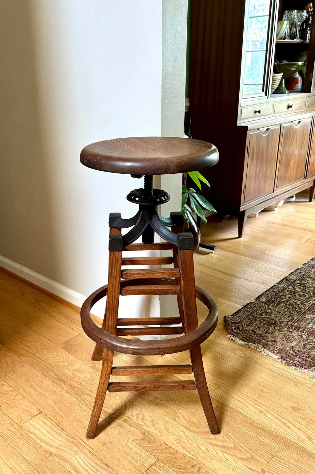 Antique Wood and Cast Iron Adjustable Stool | The Marble & Shattuck Chair Company Stool | Wooden Drafting Stool | Adjustable Draftsman Stool