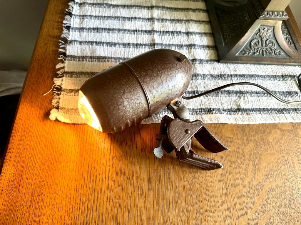 Vtg Metal Headboard Lamp | Art Deco Clamp Lamp | 1940's Bullet Fisheye Lamp | Industrial Reading Lamp | Atomic Clamp On Task Lamp