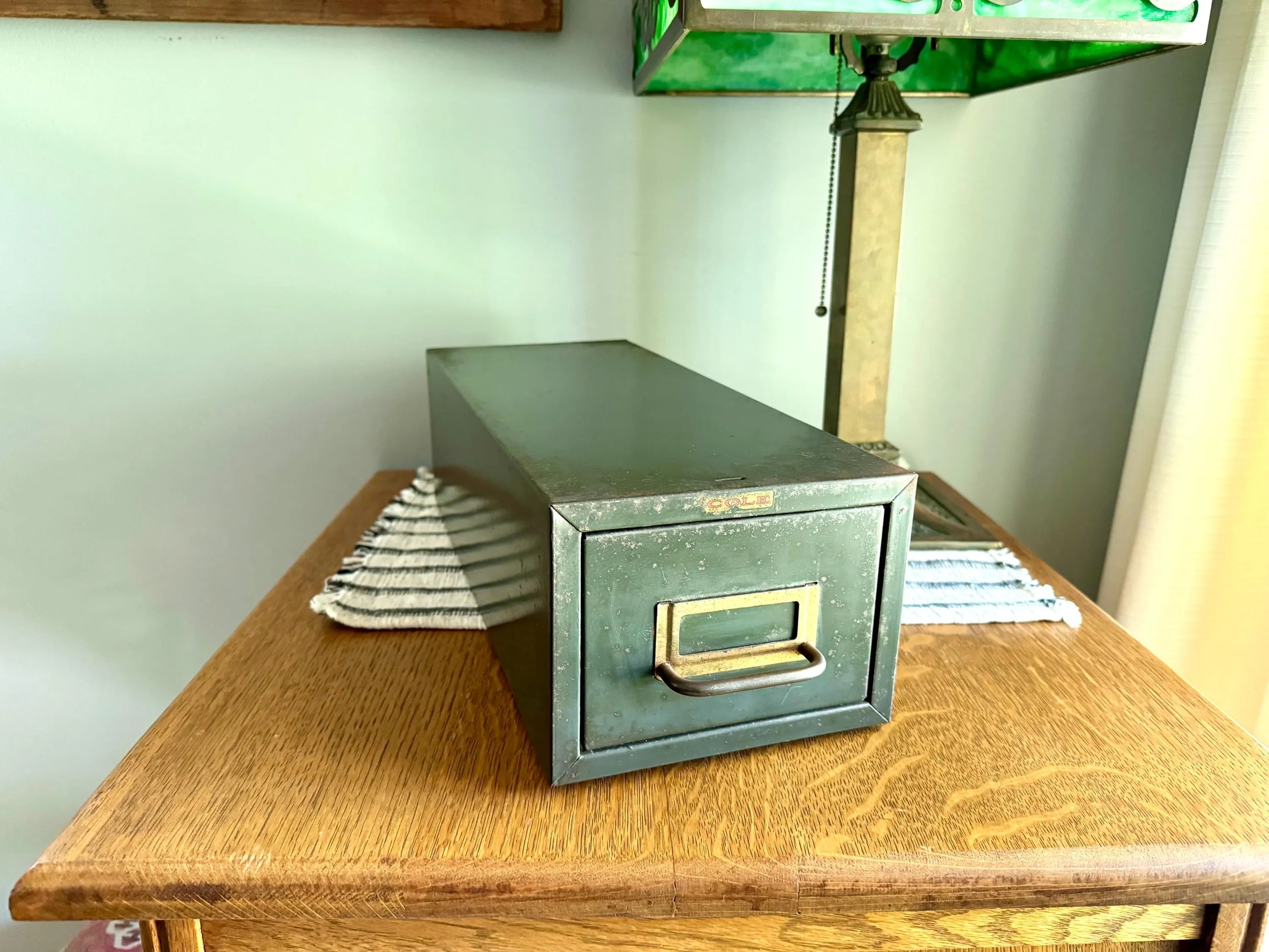 Vtg Rustic Cole-Steel Cabinet | Green Metal Index Card Catalog | Single Drawer Storage | Industrial Storage Bin | Library Card Cabinet