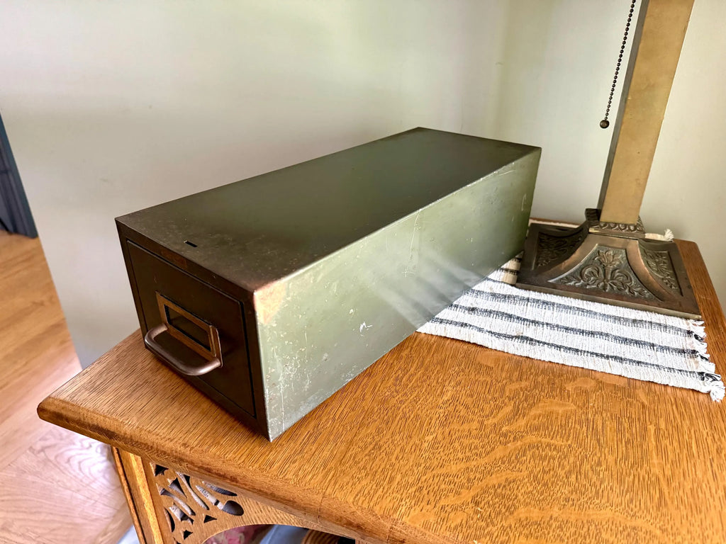 Vtg Rustic Cole-Steel Cabinet | Green Metal Index Card Catalog | Single Drawer Storage | Industrial Storage Bin | Library Card Cabinet