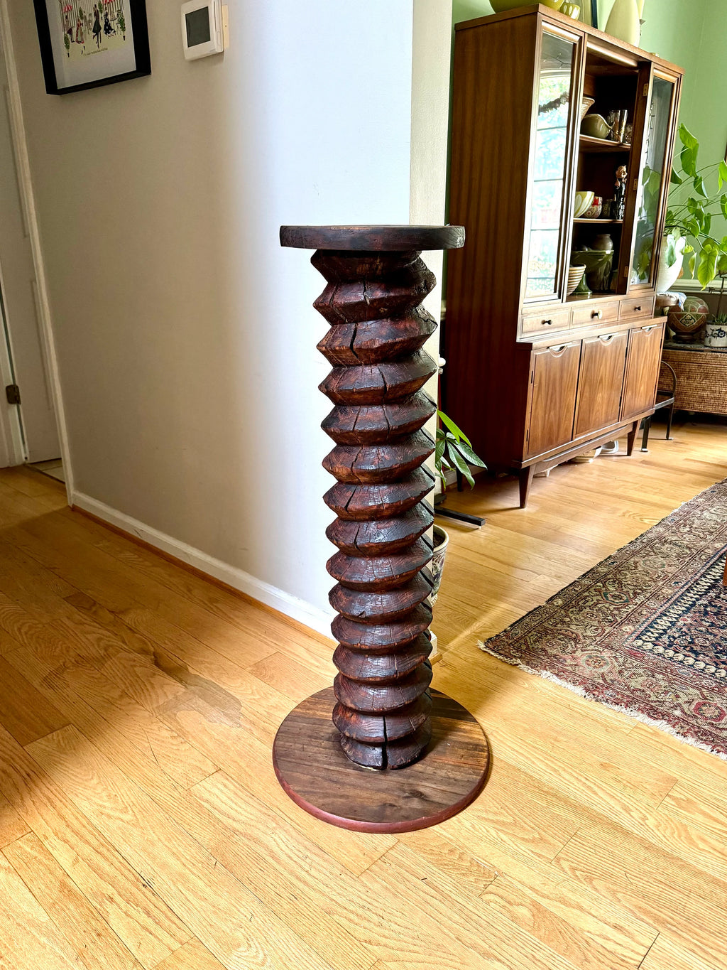 Antique Wood Wine Press Screw Pedestal | Rustic Wood Screw Pedestal Stand | Tall Wine Screw Press Table | Wood Spiral Screw Pedestal