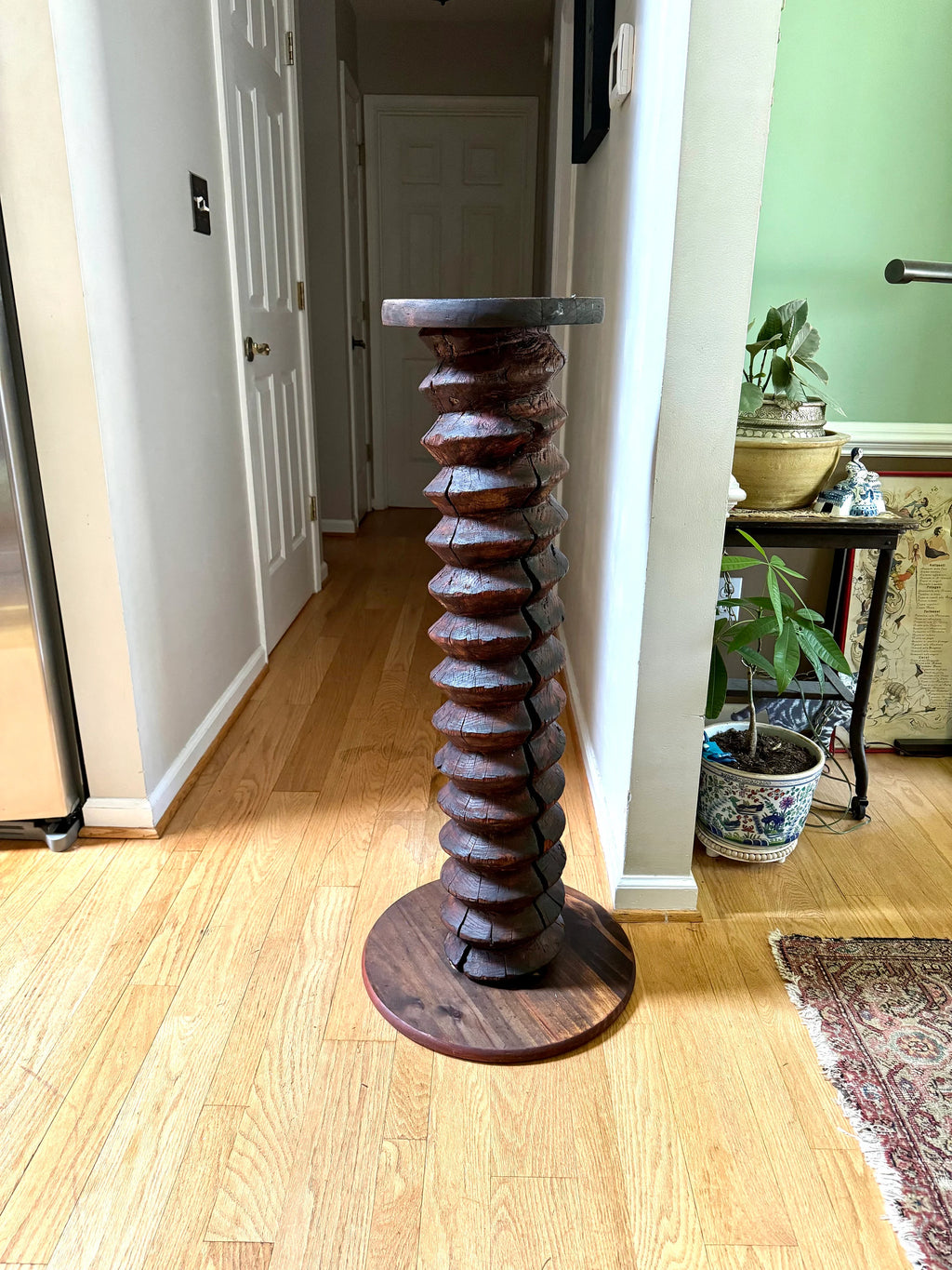 Antique Wood Wine Press Screw Pedestal | Rustic Wood Screw Pedestal Stand | Tall Wine Screw Press Table | Wood Spiral Screw Pedestal