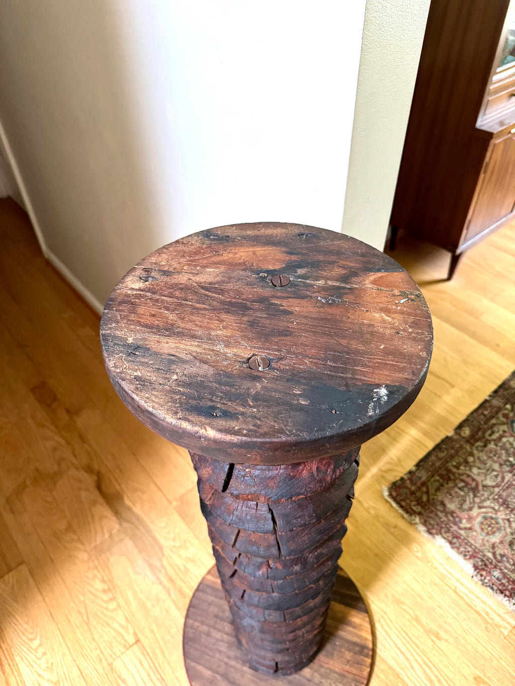 Antique Wood Wine Press Screw Pedestal | Rustic Wood Screw Pedestal Stand | Tall Wine Screw Press Table | Wood Spiral Screw Pedestal