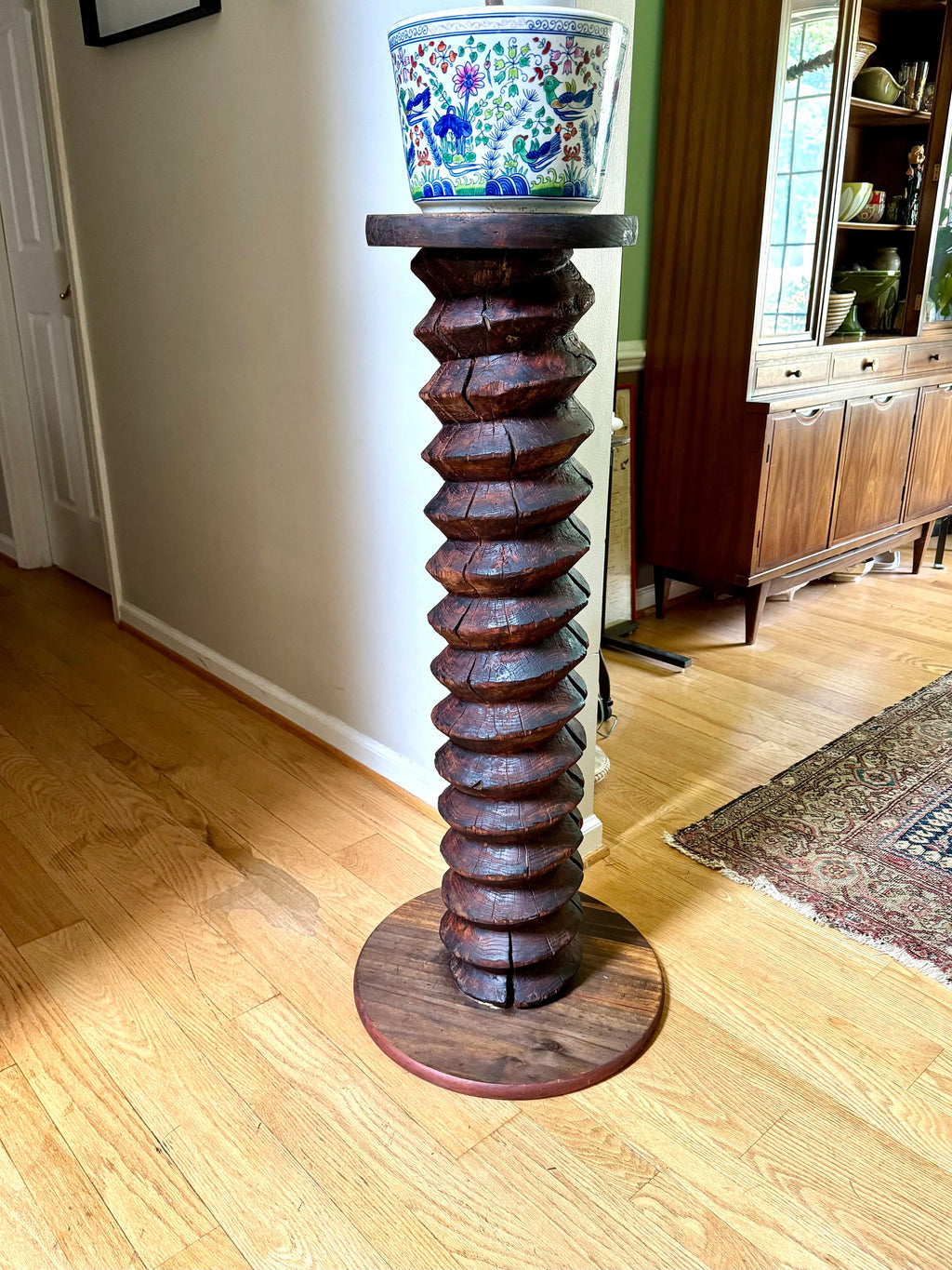 Antique Wood Wine Press Screw Pedestal | Rustic Wood Screw Pedestal Stand | Tall Wine Screw Press Table | Wood Spiral Screw Pedestal