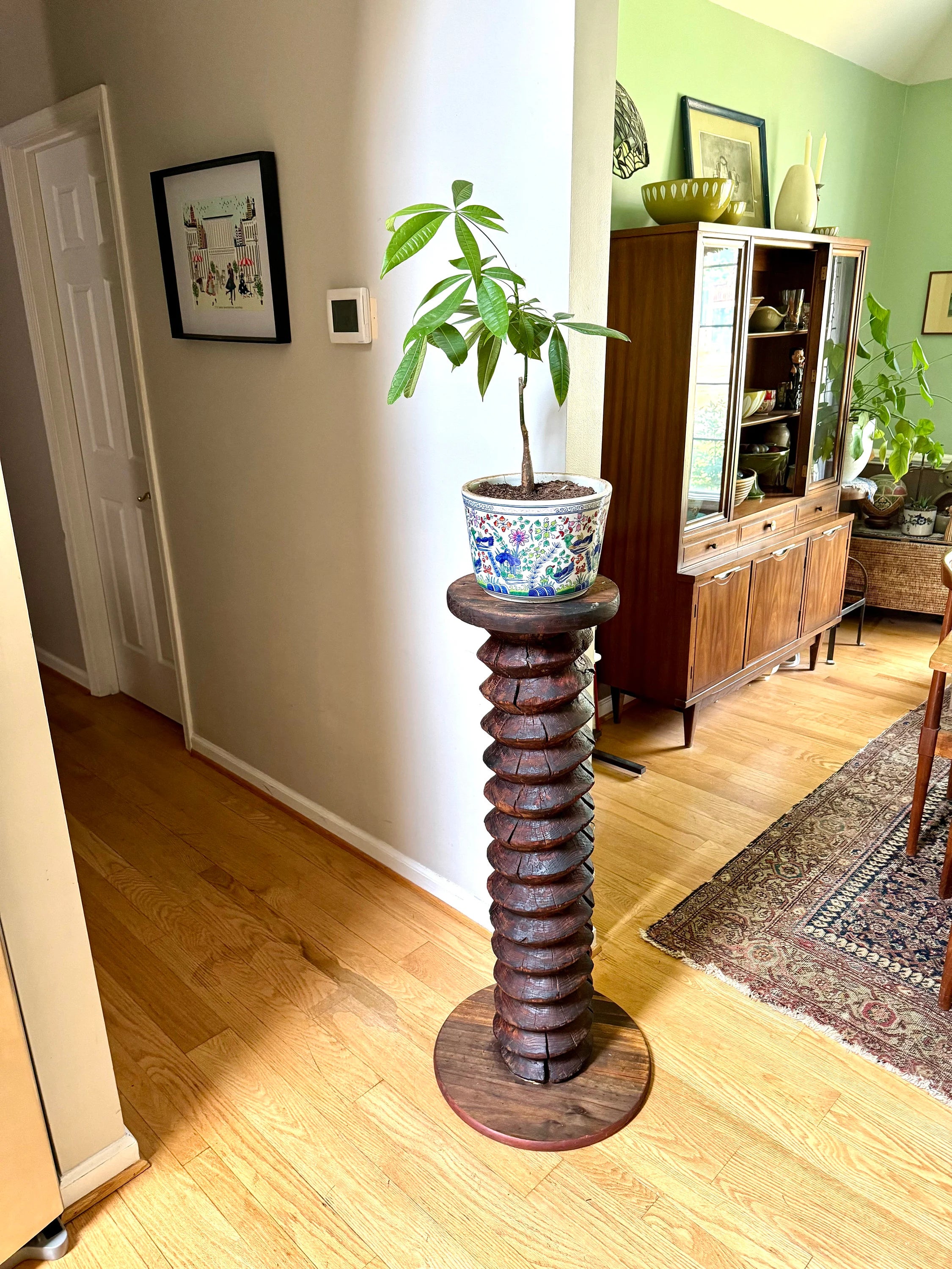 Antique Wood Wine Press Screw Pedestal | Rustic Wood Screw Pedestal Stand | Tall Wine Screw Press Table | Wood Spiral Screw Pedestal