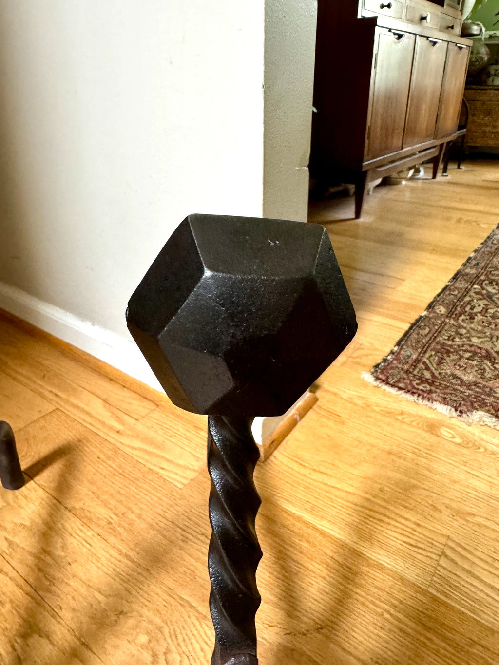 Antique Iron Andirons | Rustic Pillar Cast Iron Andirons | Pair Of Rustic Andirons | Cast iron Firedogs | Rustic Art Deco Andirons