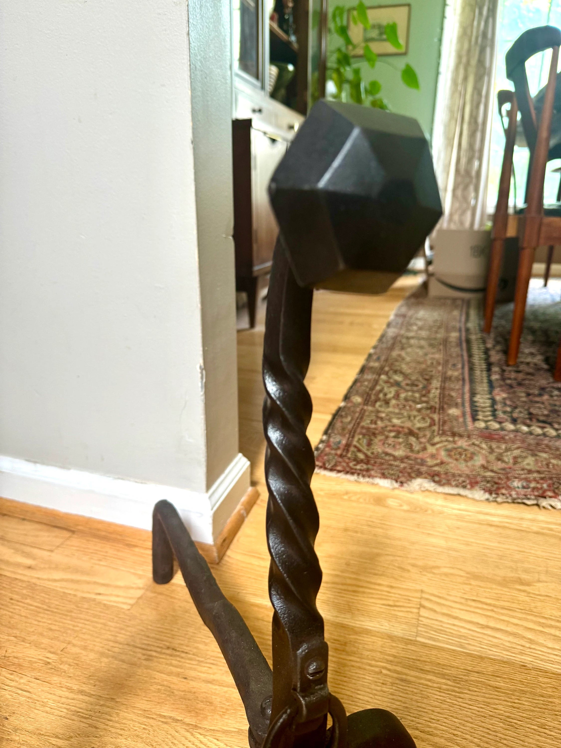 Antique Iron Andirons | Rustic Pillar Cast Iron Andirons | Pair Of Rustic Andirons | Cast iron Firedogs | Rustic Art Deco Andirons
