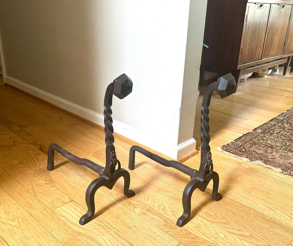 Antique Iron Andirons | Rustic Pillar Cast Iron Andirons | Pair Of Rustic Andirons | Cast iron Firedogs | Rustic Art Deco Andirons