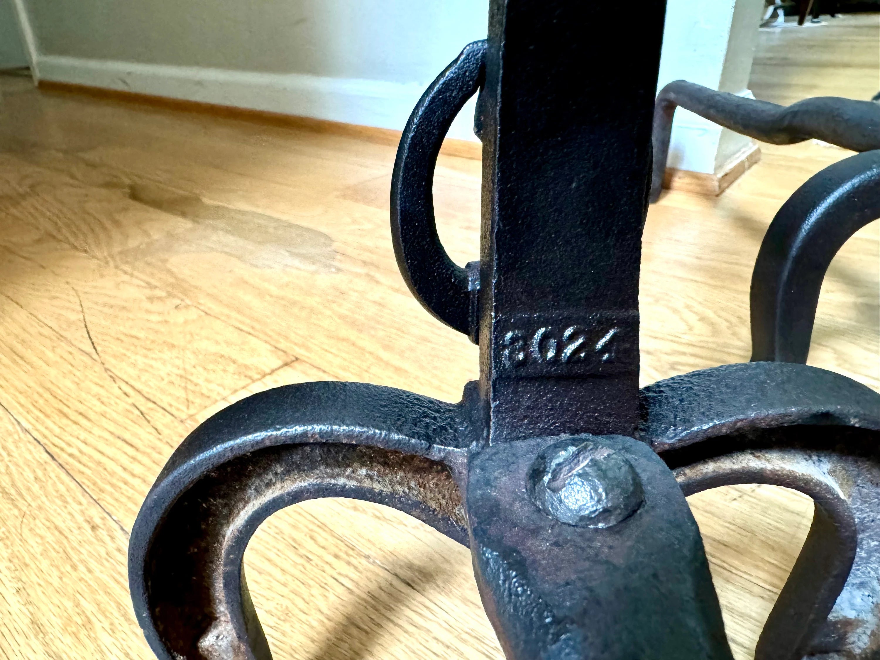 Antique Iron Andirons | Rustic Pillar Cast Iron Andirons | Pair Of Rustic Andirons | Cast iron Firedogs | Rustic Art Deco Andirons
