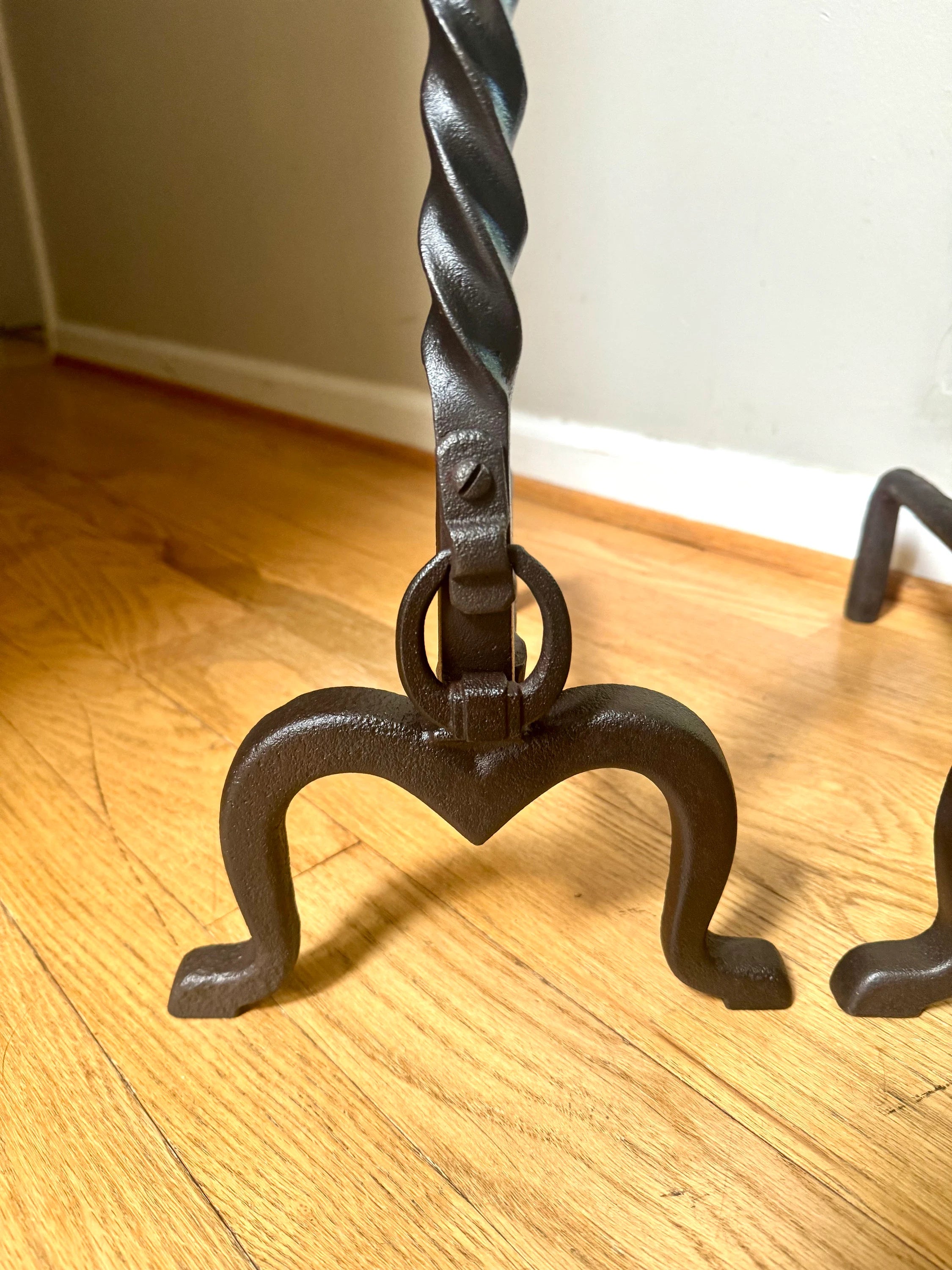 Antique Iron Andirons | Rustic Pillar Cast Iron Andirons | Pair Of Rustic Andirons | Cast iron Firedogs | Rustic Art Deco Andirons