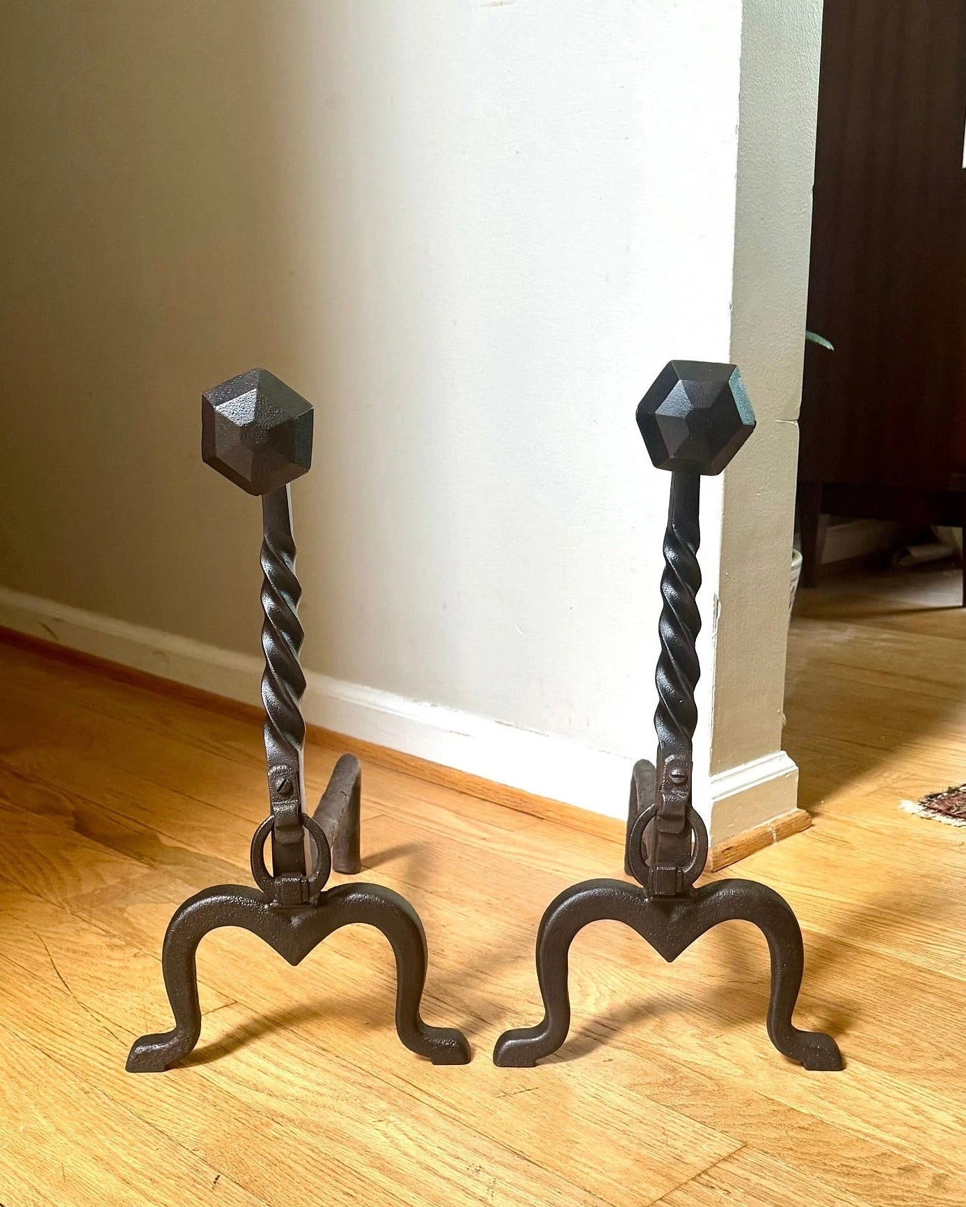 Antique Iron Andirons | Rustic Pillar Cast Iron Andirons | Pair Of Rustic Andirons | Cast iron Firedogs | Rustic Art Deco Andirons