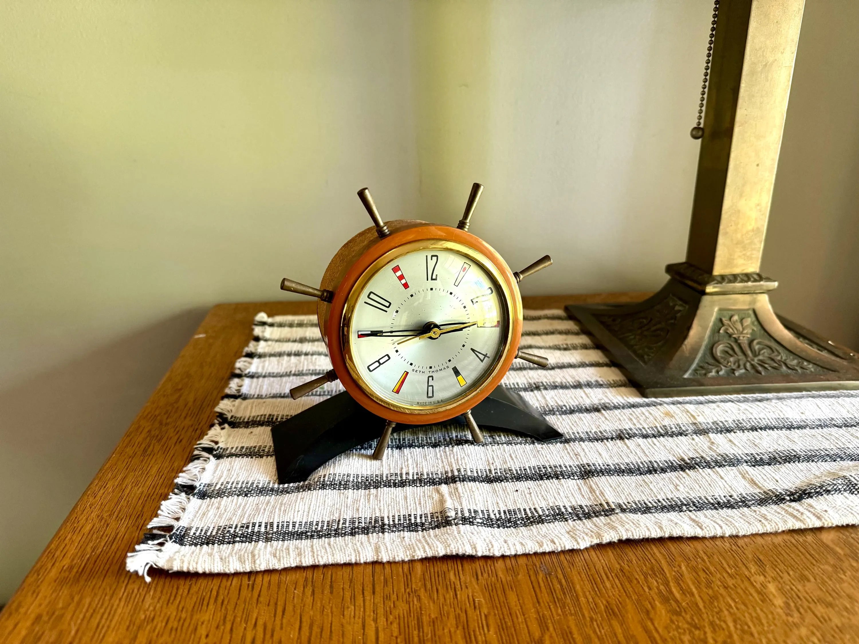 Vtg Nautical Seth Thomas Electric Clock | Seth Thomas "Rudder" Alarm Clock | Ship's Tiller Clock | Seth Thomas MCM 925-003 Clock