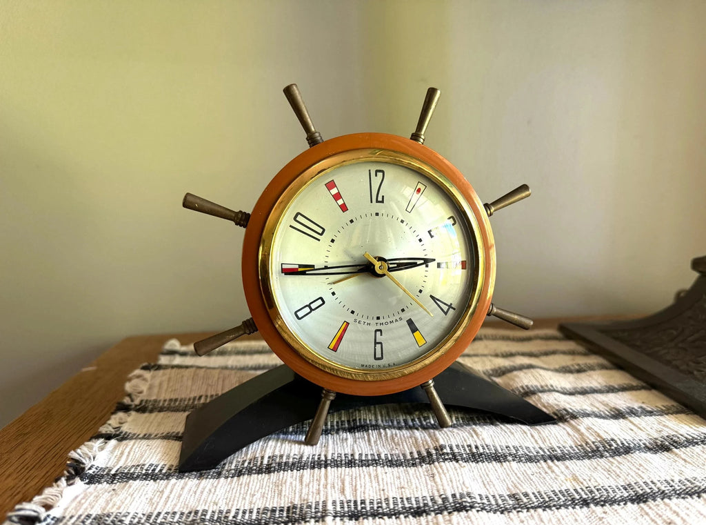 Vtg Nautical Seth Thomas Electric Clock | Seth Thomas "Rudder" Alarm Clock | Ship's Tiller Clock | Seth Thomas MCM 925-003 Clock