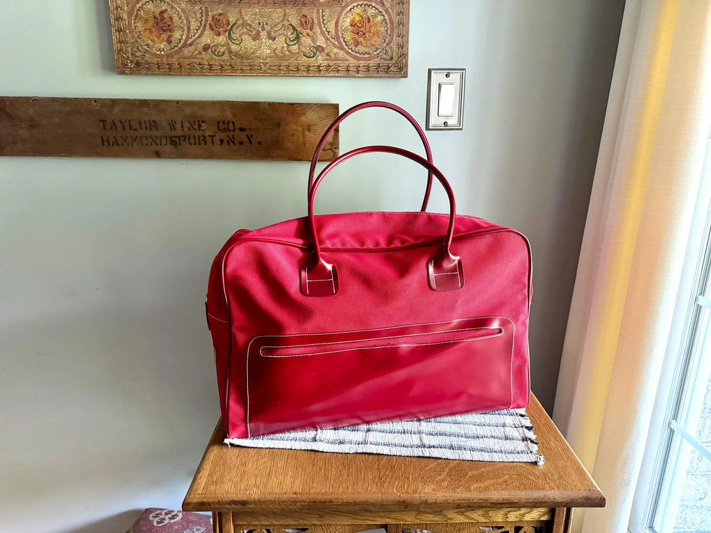 Vtg Estee Lauder Duffel Bag | Red Canvas and Vinyl Hand Bag | Over Night Bag | Estee Lauder Bag | Carry on Bag | Gym Bag