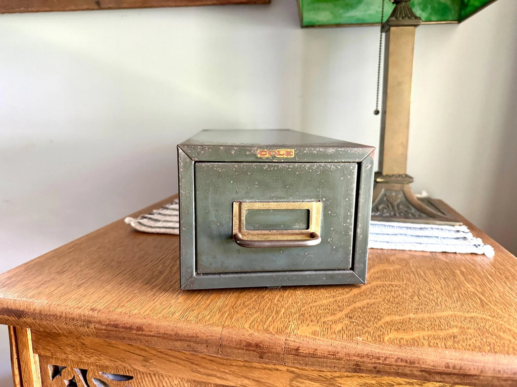 Vtg Rustic Cole-Steel Cabinet | Green Metal Index Card Catalog | Single Drawer Storage | Industrial Storage Bin | Library Card Cabinet