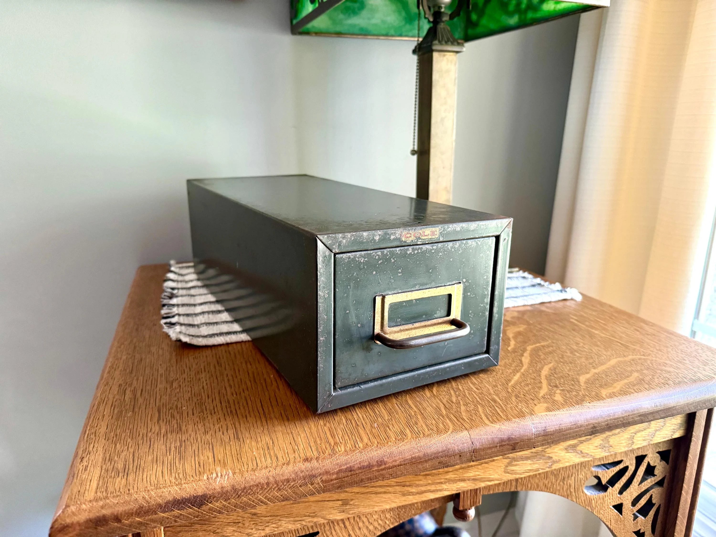 Vtg Rustic Cole-Steel Cabinet | Green Metal Index Card Catalog | Single Drawer Storage | Industrial Storage Bin | Library Card Cabinet
