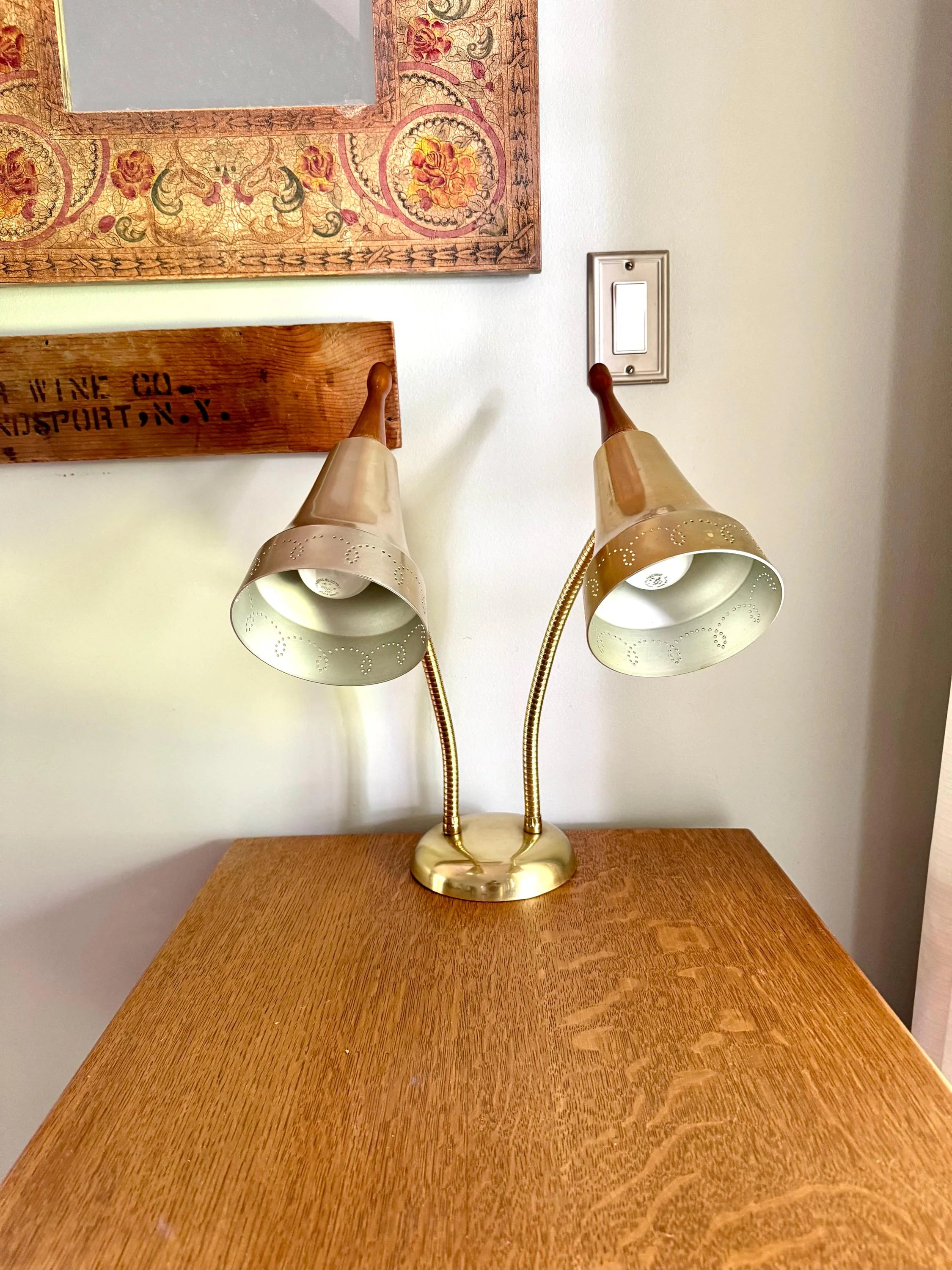 Vtg MCM Double Gooseneck Desk Lamp | Teak Knob Mid Century Modern Gooseneck Desk Lamp | Atomic Pierced Double Fixture Adjustable Lamp