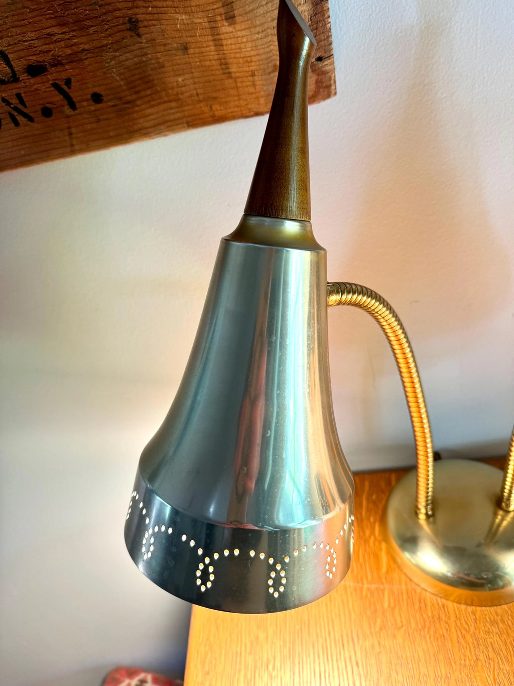 Vtg MCM Double Gooseneck Desk Lamp | Teak Knob Mid Century Modern Gooseneck Desk Lamp | Atomic Pierced Double Fixture Adjustable Lamp